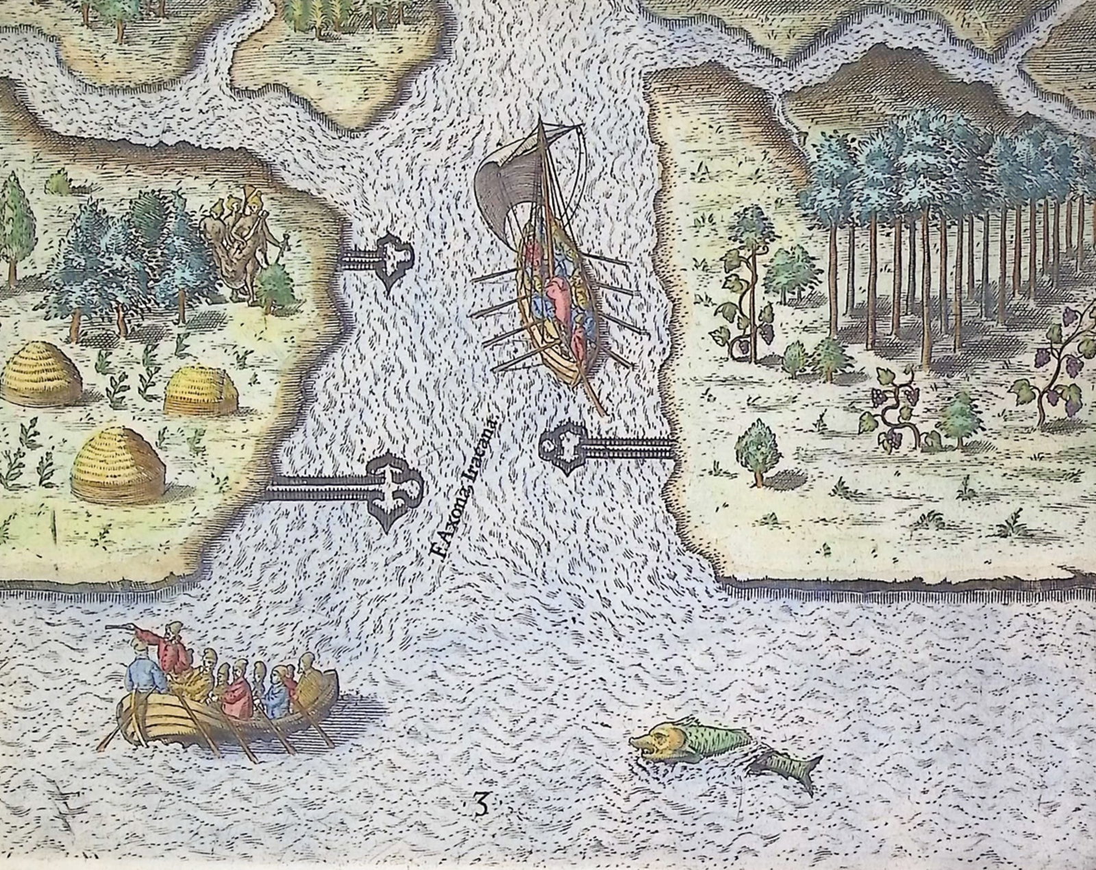 De Bry - Florida - The French commander erects a column with coat of arms of the king of France: This significant, historic engraving is from Theodor de Bry & Jacques Le Moyne's Brevis Narratio eorum quae in florida Americae provi[n]cia Gallis acciderunt ... quae est seconda pars Americae. It