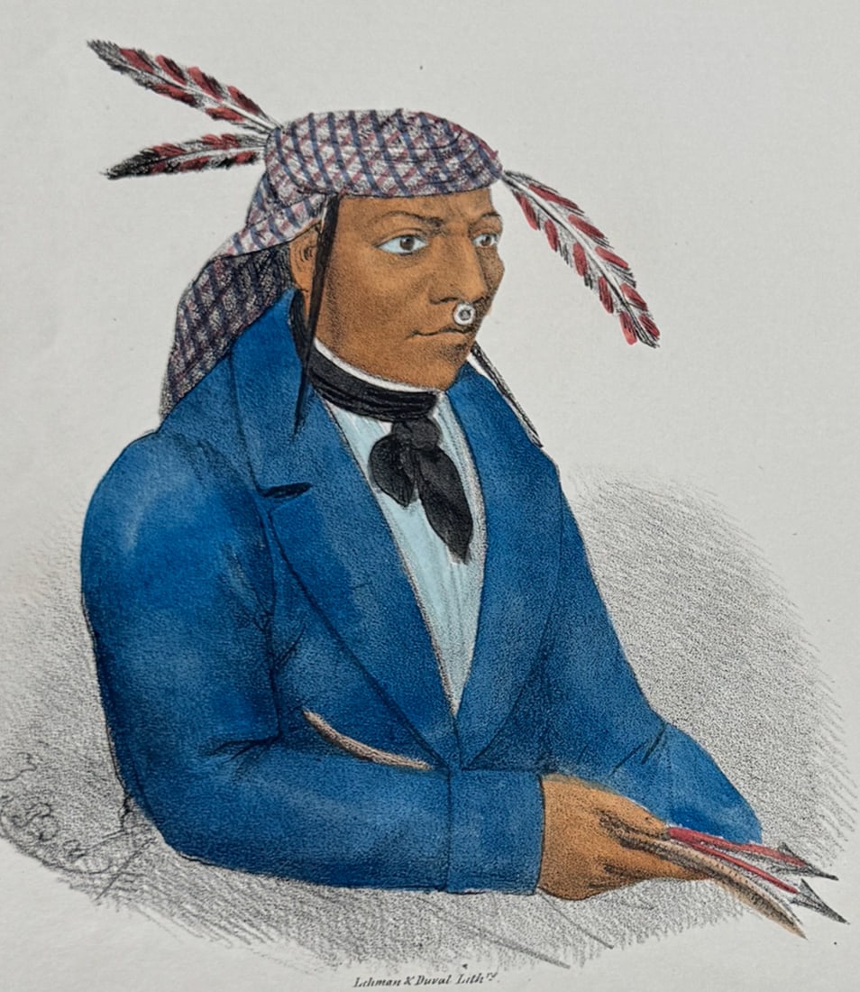 Lewis - A Young Miami Chief: This originally hand-colored lithograph is from one of the rarest Indian works, James Otto Lewis?s The Aboriginal Portfolio. It was the first collection of portraits of North American Indians precedin
