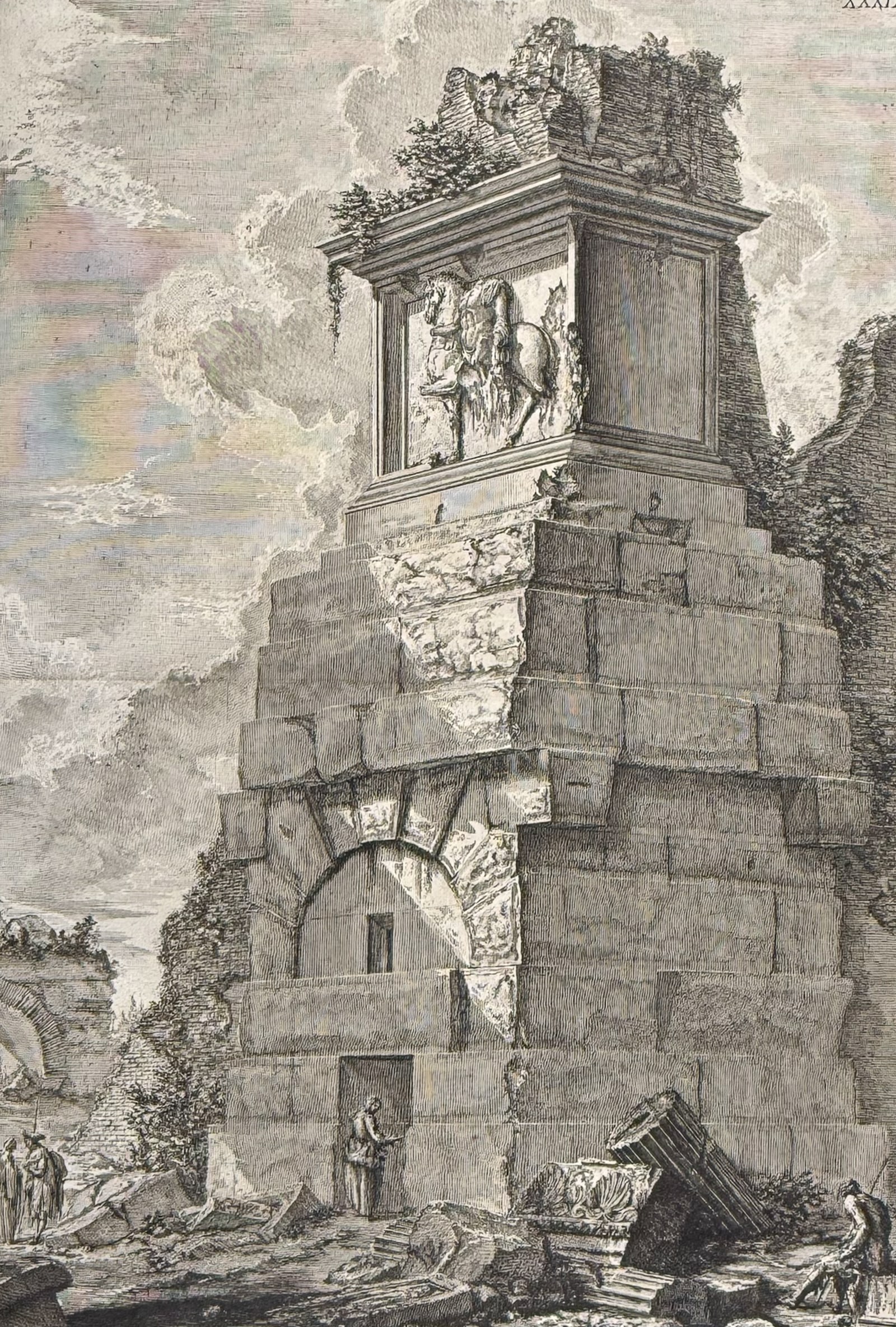 Piranesi - Sepolero detto il Pilastro di Tivoli. 2-39: This outstanding folio etching is from Giovanni Battista Piranesi's Le Antichita Romane. The work was published in Rome by Stamperia Salomoni circa 1780. The work depicted archaeological sites, sepulc