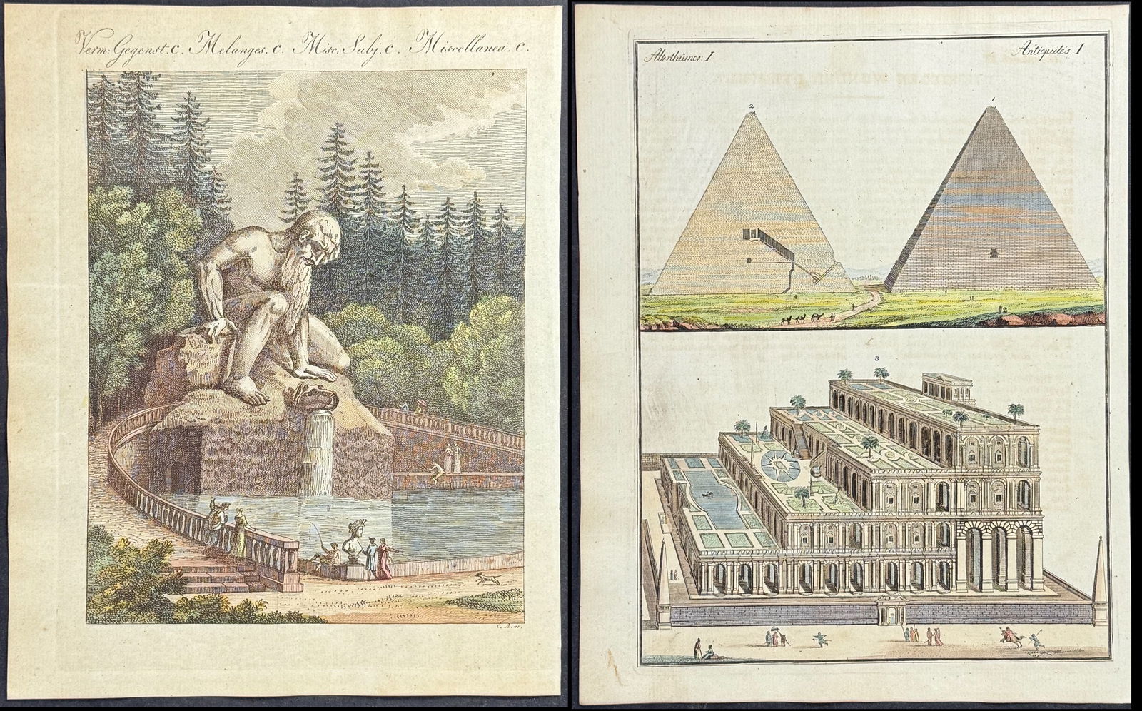 Bertuch - 8 Architectural or Travel Engravings: Included in this lot: Apennine Colossus Tsar Bell in Kremlin, Moscow, Russia Arch Carnival or Festival Rides Egyptian Architecture PillarPillar Pyramids, Buildings with Gardens on Roof Description of