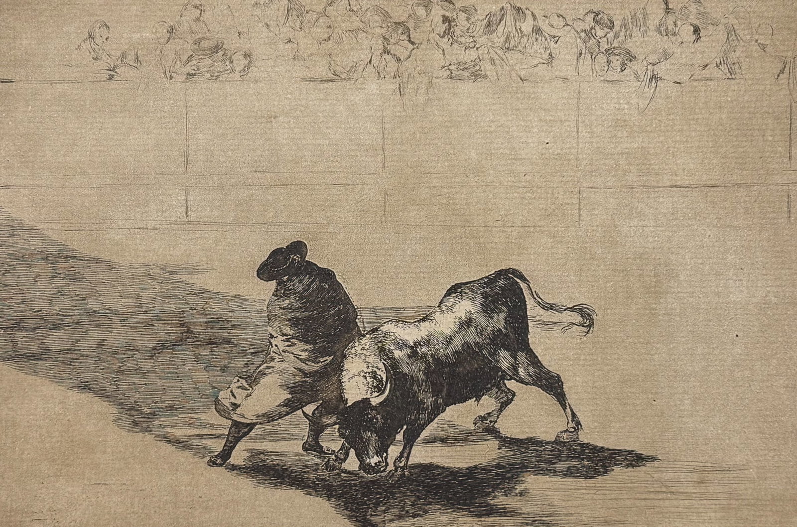 Goya - El Diestrisimo Estudiante de Falces, Emboado, Burla al Toro con sus Quiebros: This remarkable folio bull-fighting engraving is from Francisco Goya's La Tauromaquia. The work was published in 1921 by Circulo de Bellas Artes and limited to 200 copies. This is the fifth edition of
