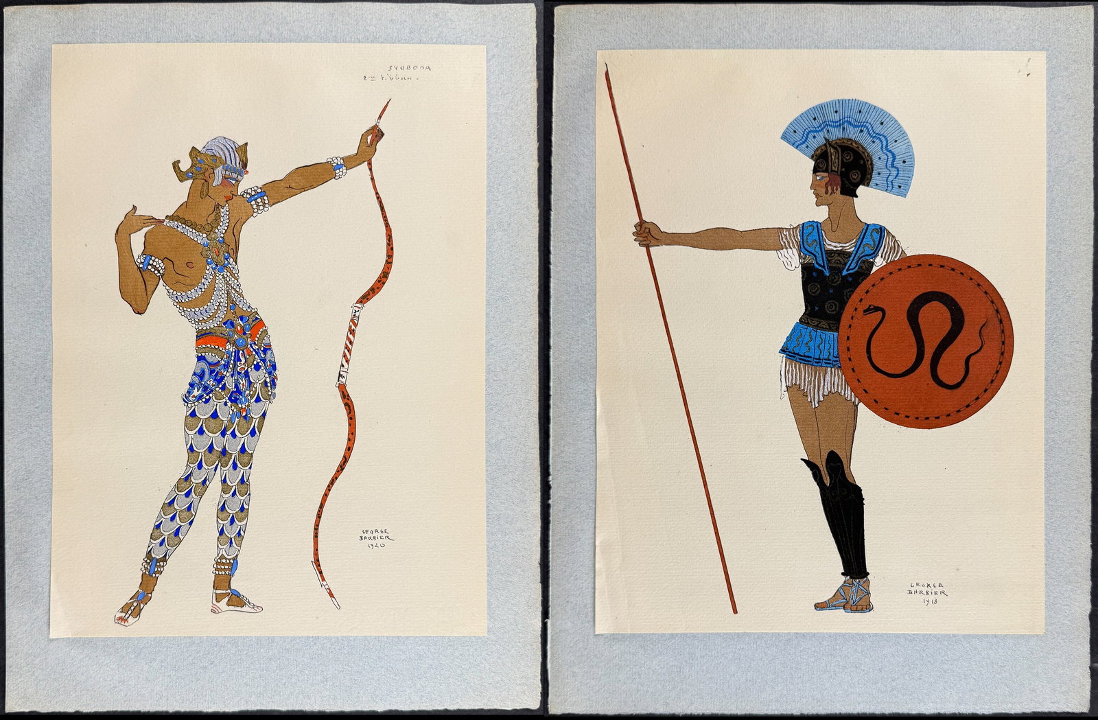 Barbier - Pair of Theater Costume Lithographs (Svoboda & Un Guerrier): This beautiful illustration is from George Barbier's Vingt-Cinq Costumes pour le Theatre. The work was published in Paris by Bloch and Meynial in 1927 and limited to 275 in publication. Each