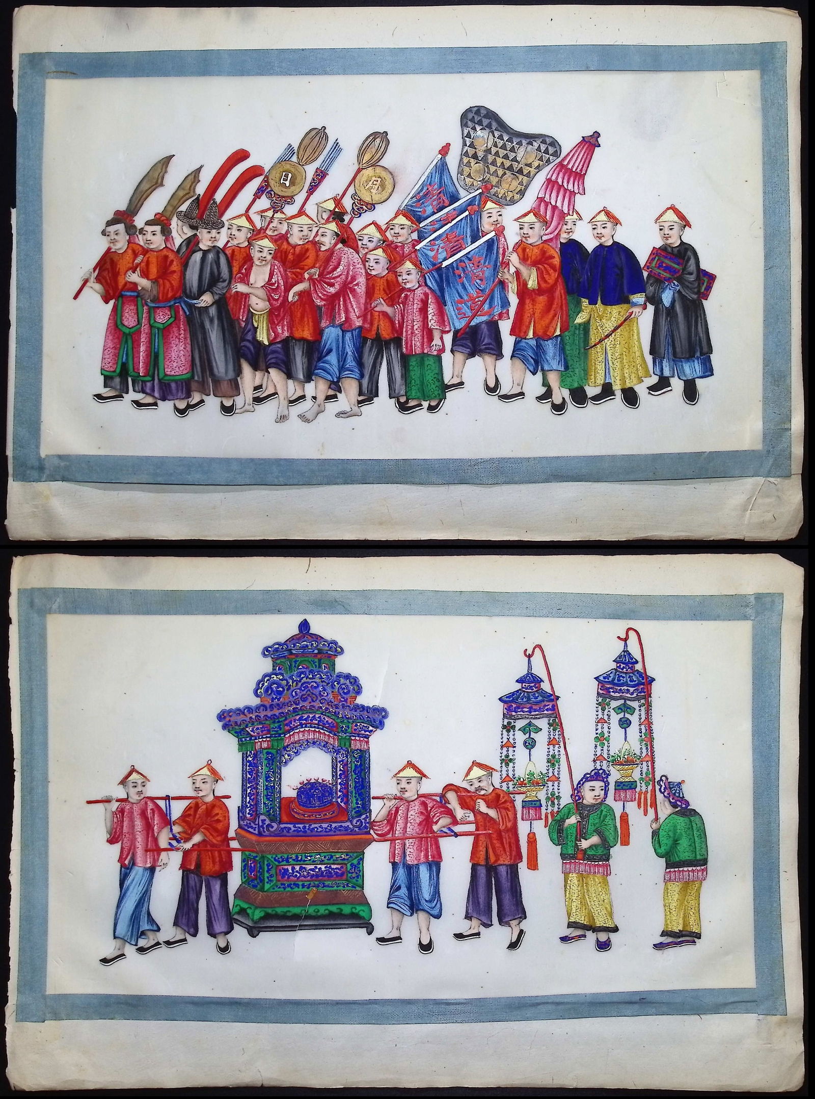 4 Original Chinese Watercolors of People & Customs: This is richly colored original painting with blue ribbon border. It was completed in China in the 1800s. Paper Size: ~ 14? by 9 1/2? Paper Type or Special Features: Original Painting