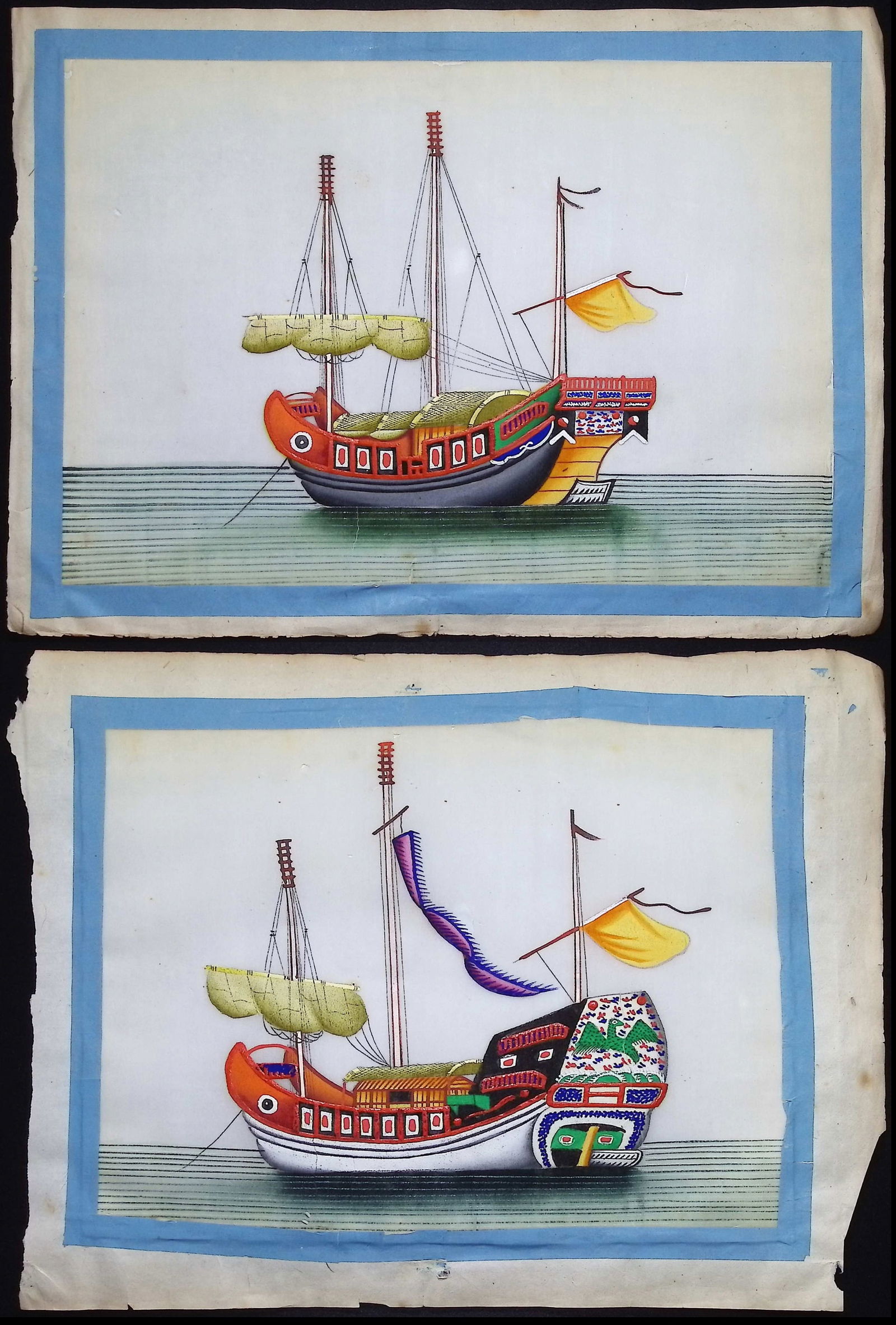3 Original Chinese Watercolors of Ships or Junks: This is richly colored original painting with blue ribbon border. It was completed in China in the 1800s. Paper Size: ~ 11 1/2? by 8 1/2? Paper Type or Special Features: Original Painting