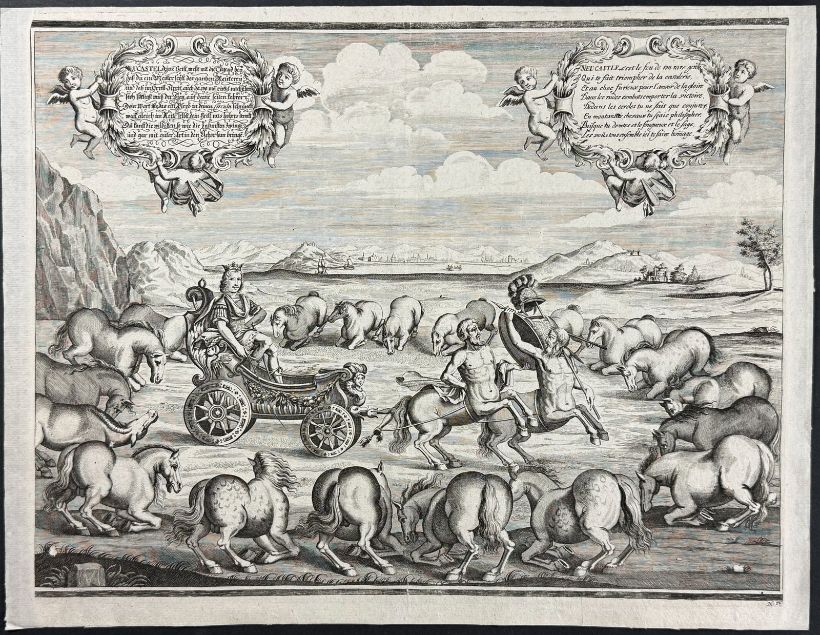 Diepenbeeck - William Cavendish, Duke of Newcastle, and his Horses: This folio equestrian engraving is from William Cavendish Newcastle, Gaspard de Saunier, and Abraham van Diepenbeeck's Methode et Invention Nouvelle de Dresser les Chevaux. This seems to be from the f