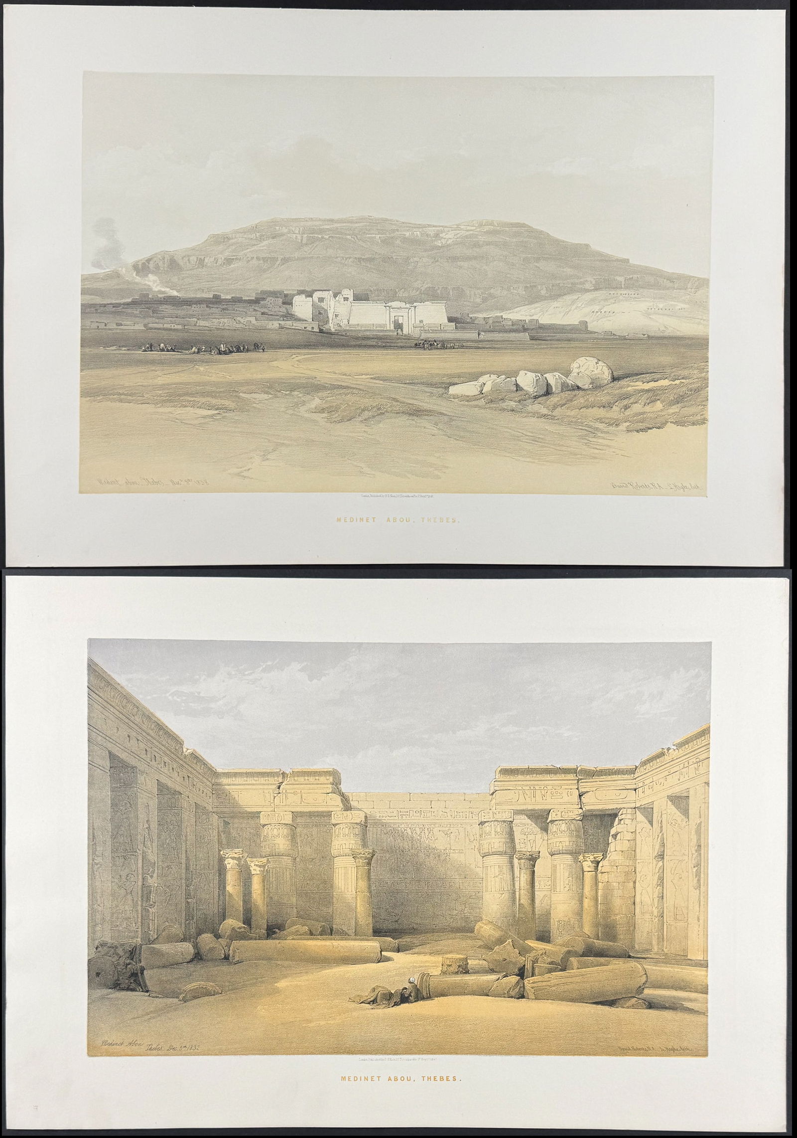 David Roberts - Pair of Lithographs of Medinet Abou, Thebes: David Roberts' most famous work, Holy Land, Syria, Idumea, Arabia, Egypt, & Nubia, was published by E. G. Moon in London between 1846 and 1849. This work is known for its extremely detailed dutone lit