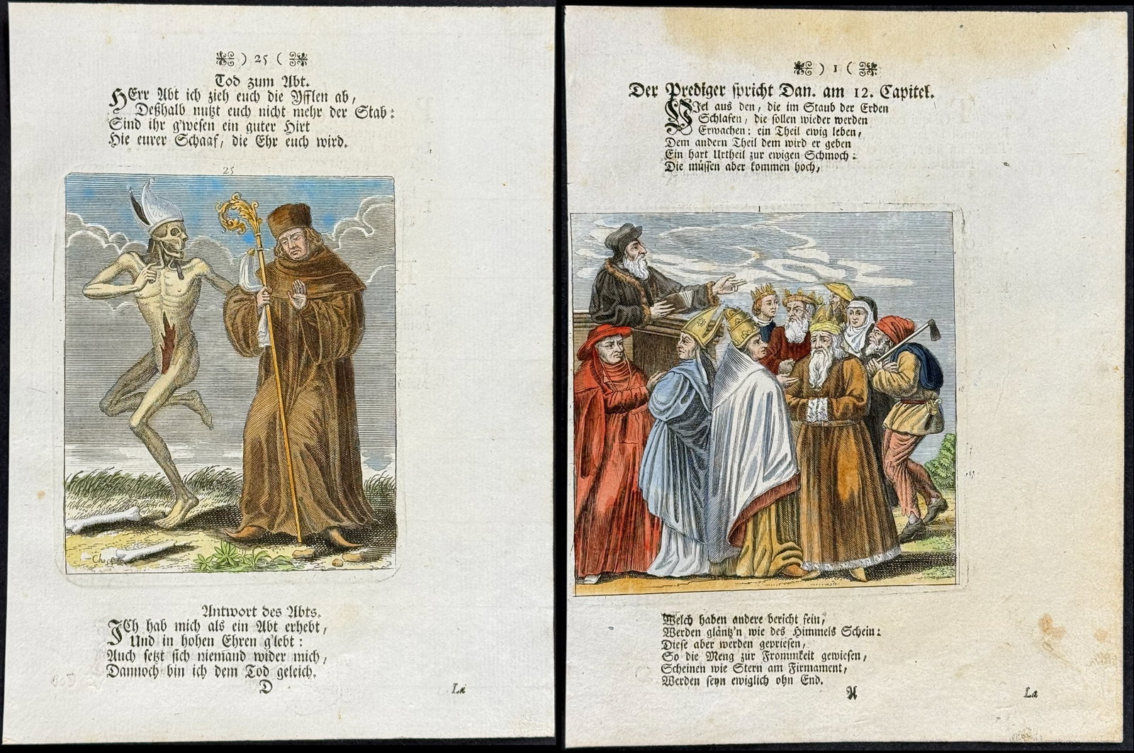 Merian - Pair of Dance of Death Engravings: This rare and early engraving is from Matthaus Merian's La danse des morts .. Todten-Tanz, wie derselbe in der l?bl. u. Welt-ber?hmten Stadt Basel .. zu sehen ist or The Dance of the Dead... The Dance