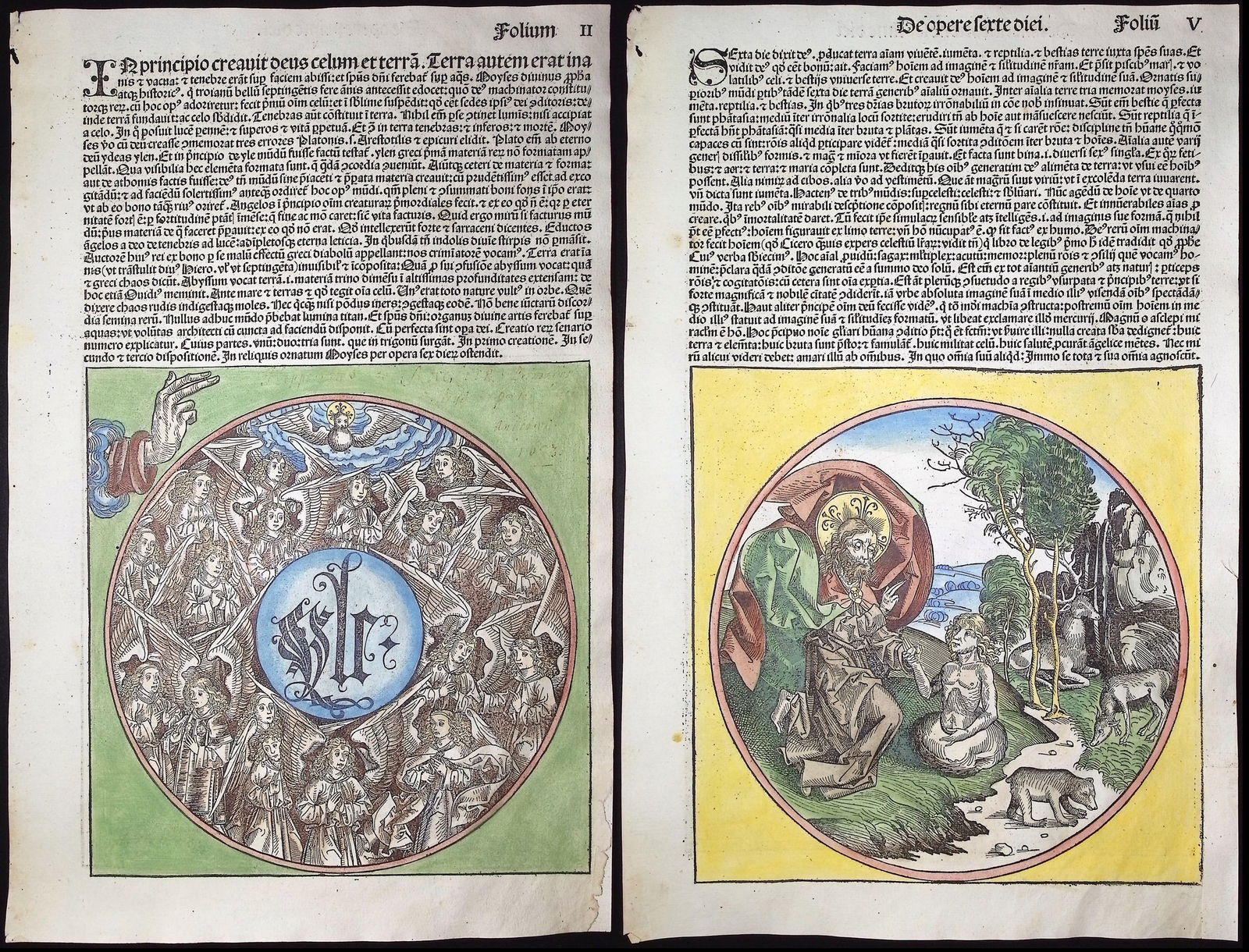 Schedel - God Creating the Universe (4 Pages): This important and historic engraving is from Hartmann Schedel Liber Chronicarum, more commonly known as the Nuremberg Chronicle. This is the first edition / printing of the work. It is the Latin edit