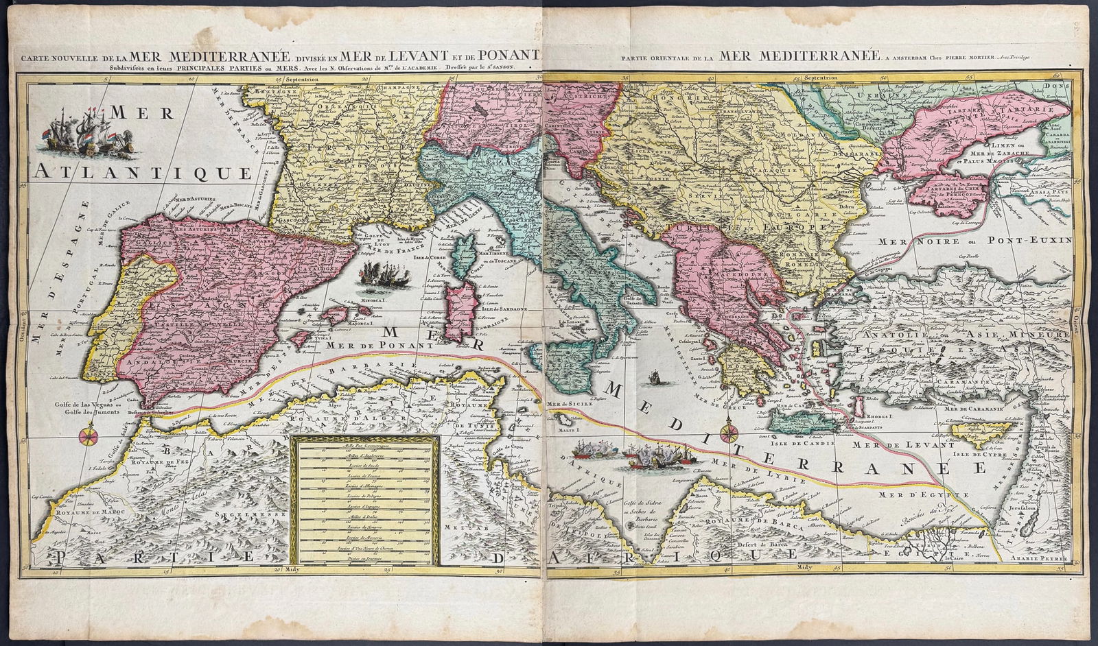 Mortier - Pair of Engravings that Map or Chart the Mediterranean Sea: This magnificent originally hand-colored map engraving is from Pierre Mortier's Atlas Nouveau or Atlas Novum ad usum serenissimi. The work was published in Amsterdam for Mortier in 1696. The atlas was