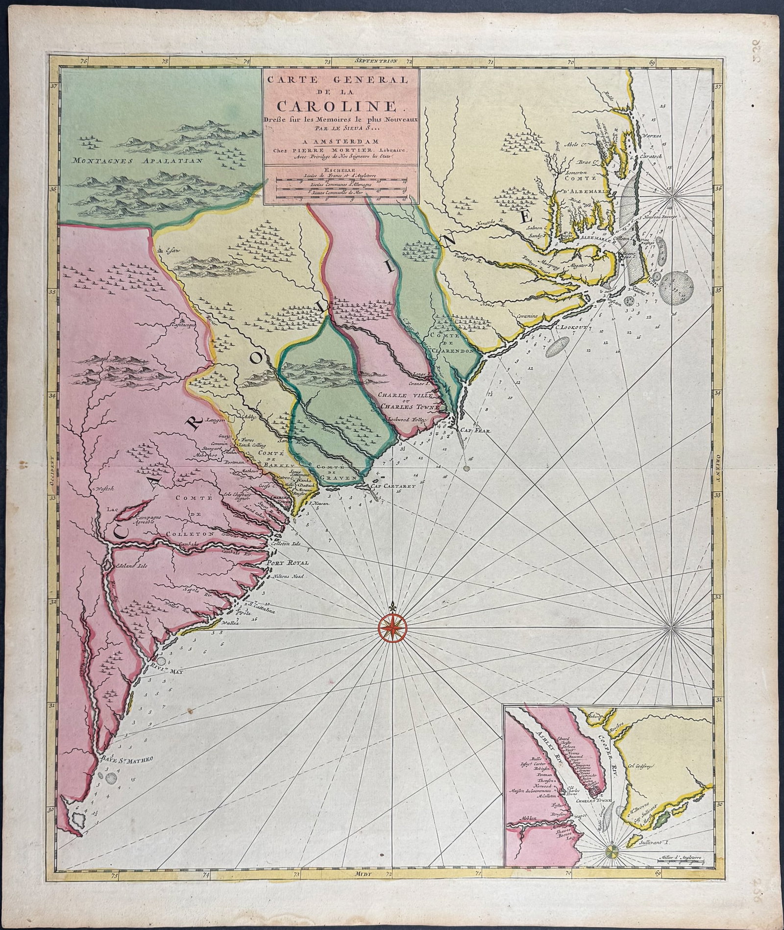 Mortier - Map of the Carolina Coast: This magnificent originally hand-colored map engraving is from Pierre Mortier's Atlas Nouveau or Atlas Novum ad usum serenissimi. The work was published in Amsterdam for Mortier in 1696. The atlas was