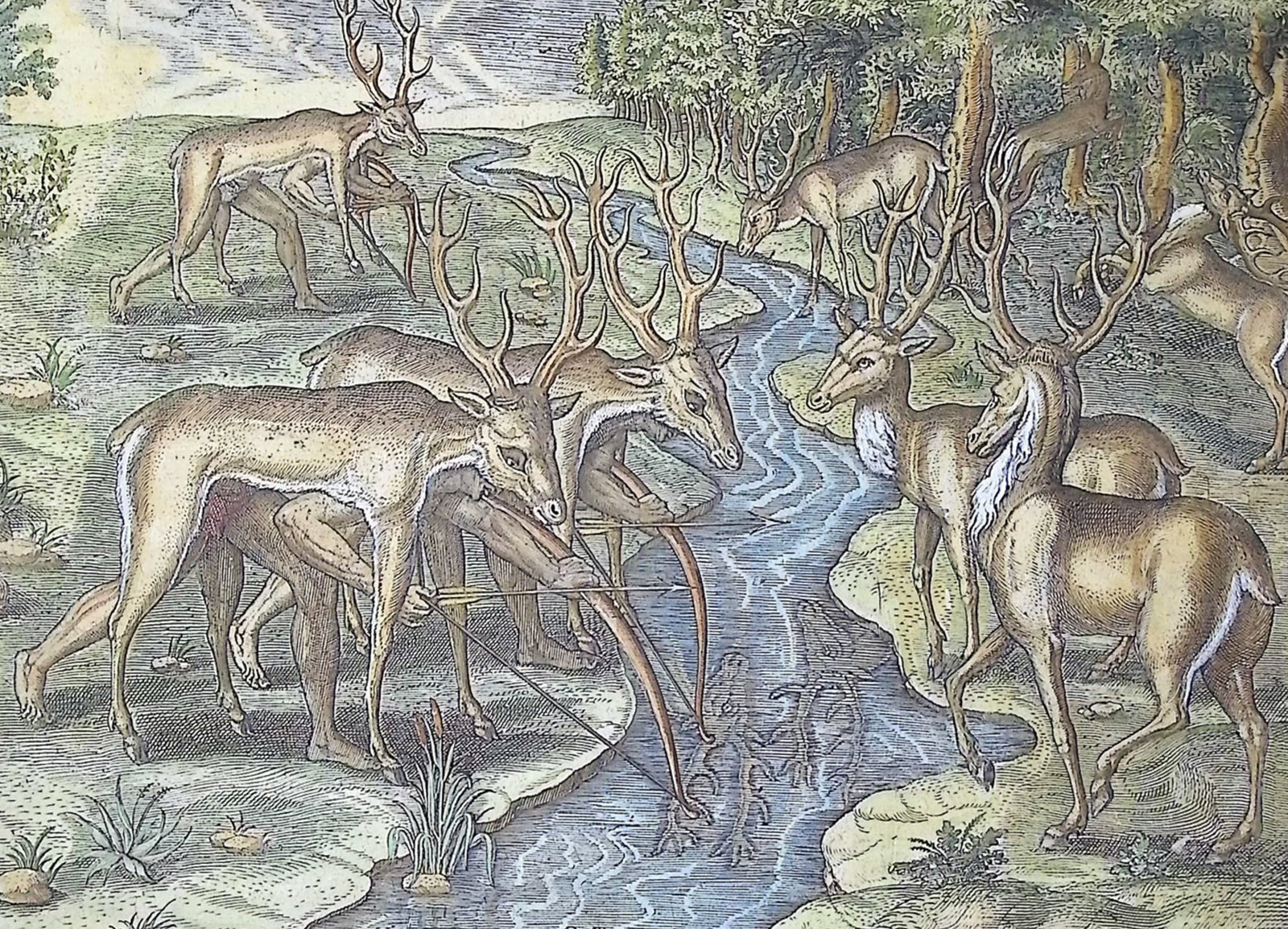 De Bry - Florida - Their manner of hunting (Deer): This significant, historic engraving is from Theodor de Bry & Jacques Le Moyne's Brevis Narratio eorum quae in florida Americae provi[n]cia Gallis acciderunt ... quae est seconda pars Americae. It is