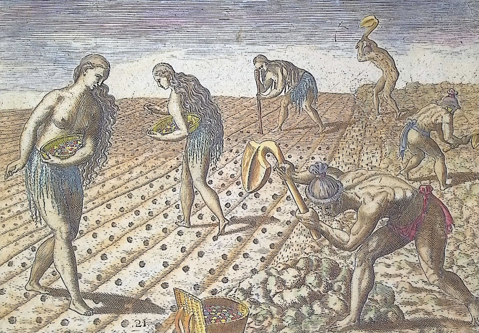 De Bry - Florida - Mode of tilling and planting: This significant, historic engraving is from Theodor de Bry & Jacques Le Moyne's Brevis Narratio eorum quae in florida Americae provi[n]cia Gallis acciderunt ... quae est seconda pars Americae. It is