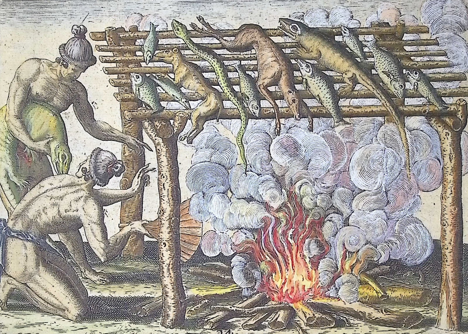 De Bry - Florida - Mode of drying fish, wild animals and other provisions: This significant, historic engraving is from Theodor de Bry & Jacques Le Moyne's Brevis Narratio eorum quae in florida Americae provi[n]cia Gallis acciderunt ... quae est seconda pars Americae. It is