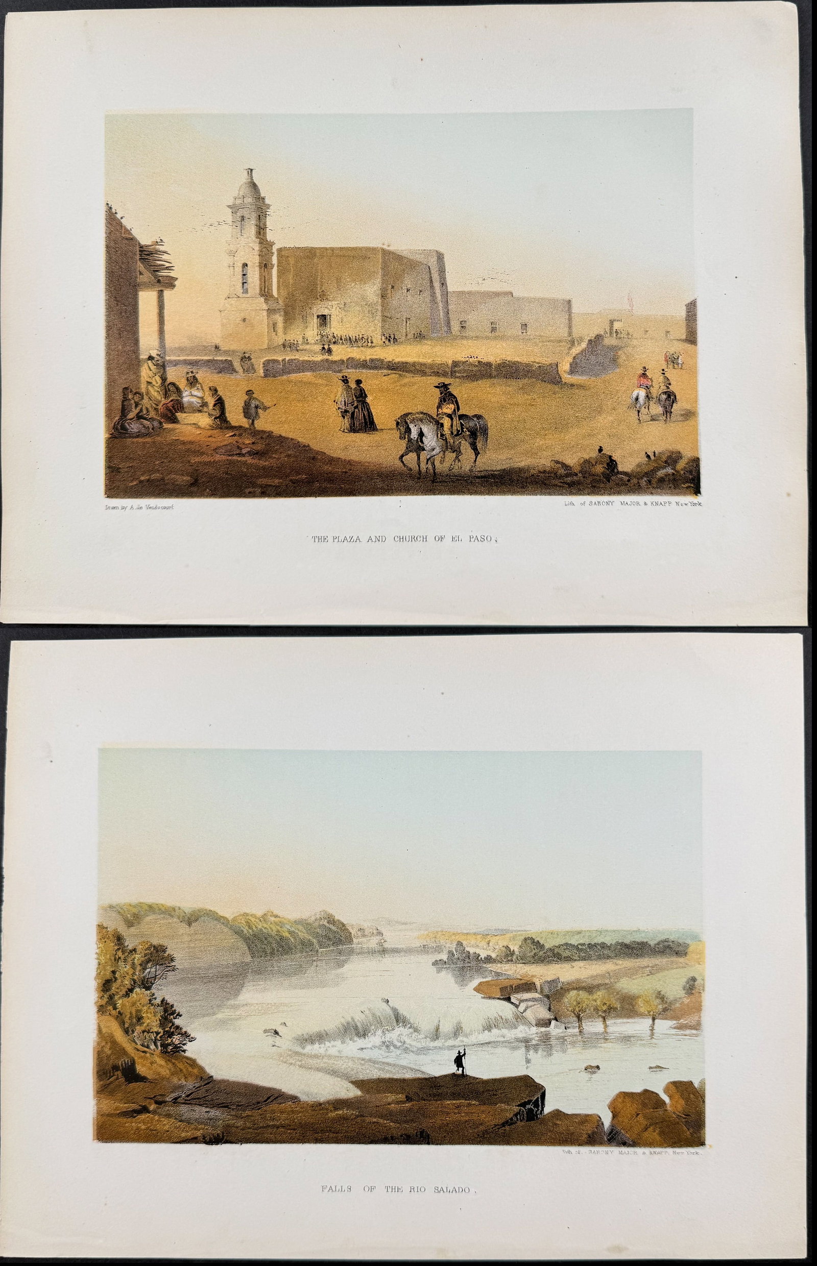 Emory - 3 American Landscape Lithographs: Included in this lot: The Plaza and Church of El Paso Prairie of the Antelope Fall of the Rio Salado Description of the work: This chromolithograph is from William H. Emory's Report on the United Stat
