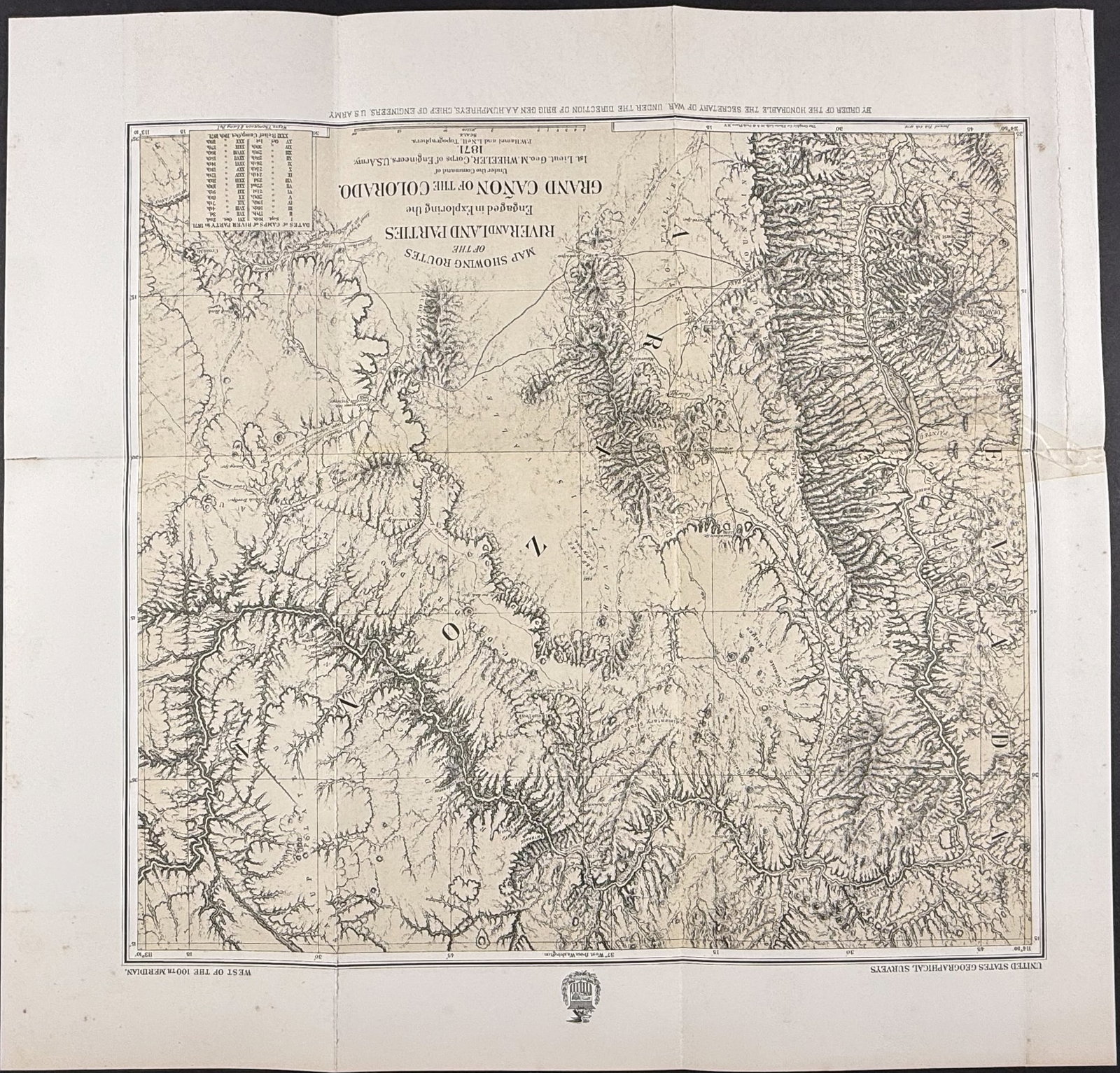Emory - Map of the Grand Canyon Exploration: Full title: Grand Canyon Exploration: 'Map Showing Routes of the Vier and Land Parties Enganged in Exploring the Grand Canyon of the Colorado' Description of the work: This chromolithograph is from Wi