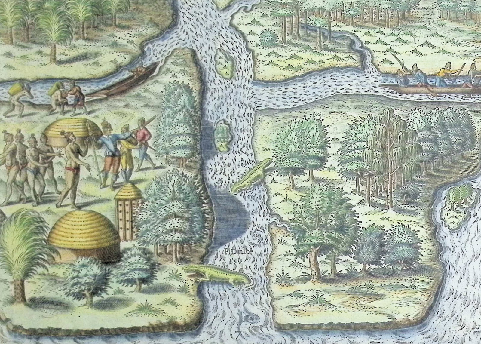 De Bry - Florida - The French left in Fort Charles suffer from scarcity of provisions (Crocodiles or (1 of 2)