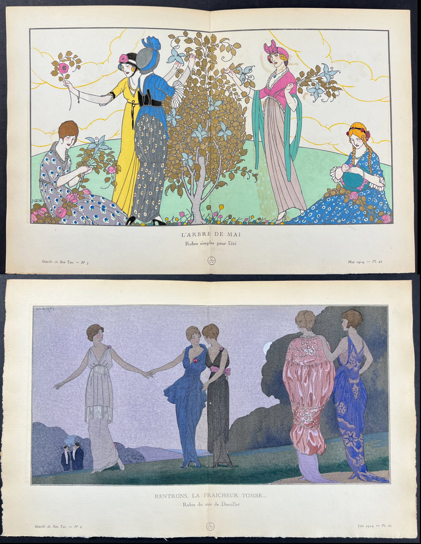 Bon Ton - 4 Fashion Pochoirs: Included in this lot: Les Trois Robes Neuves L'Arbre de Mai Rentrons, la Fraicheur Tombe Au Pre Catelan Description of the work: The Gazette du Bon Ton featured some of the most desirable pochoir, fas