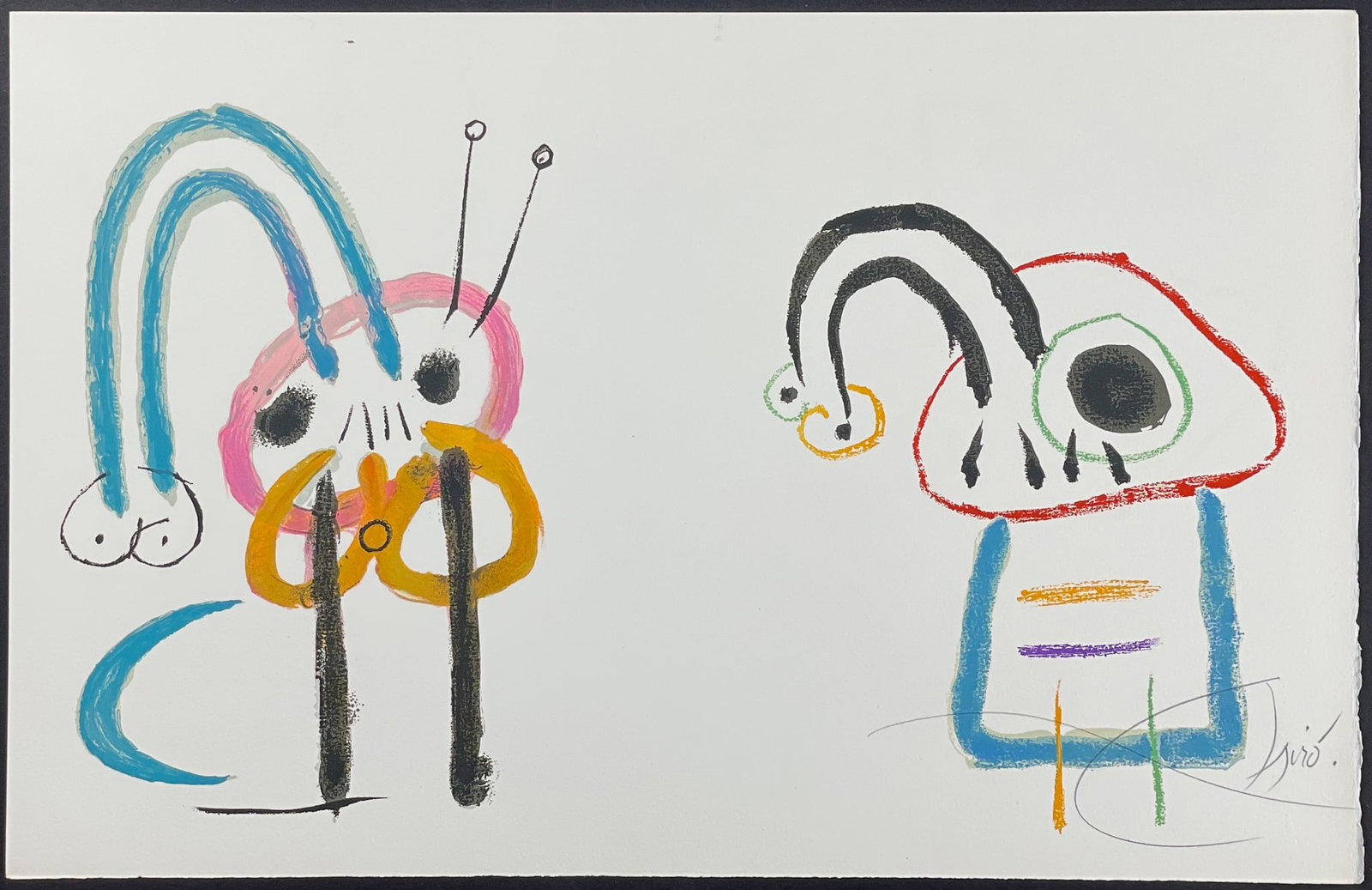 Miro, Rare, Signed - Illustration of the Childhood of Ubu: This whimsical color lithograph is from Joan Miro's L'Enfance d'Ubu or Ubu's Childhood. The work was published by T?riade in Paris in 1975. This was from a limited edition of 120 printed to Arches pap
