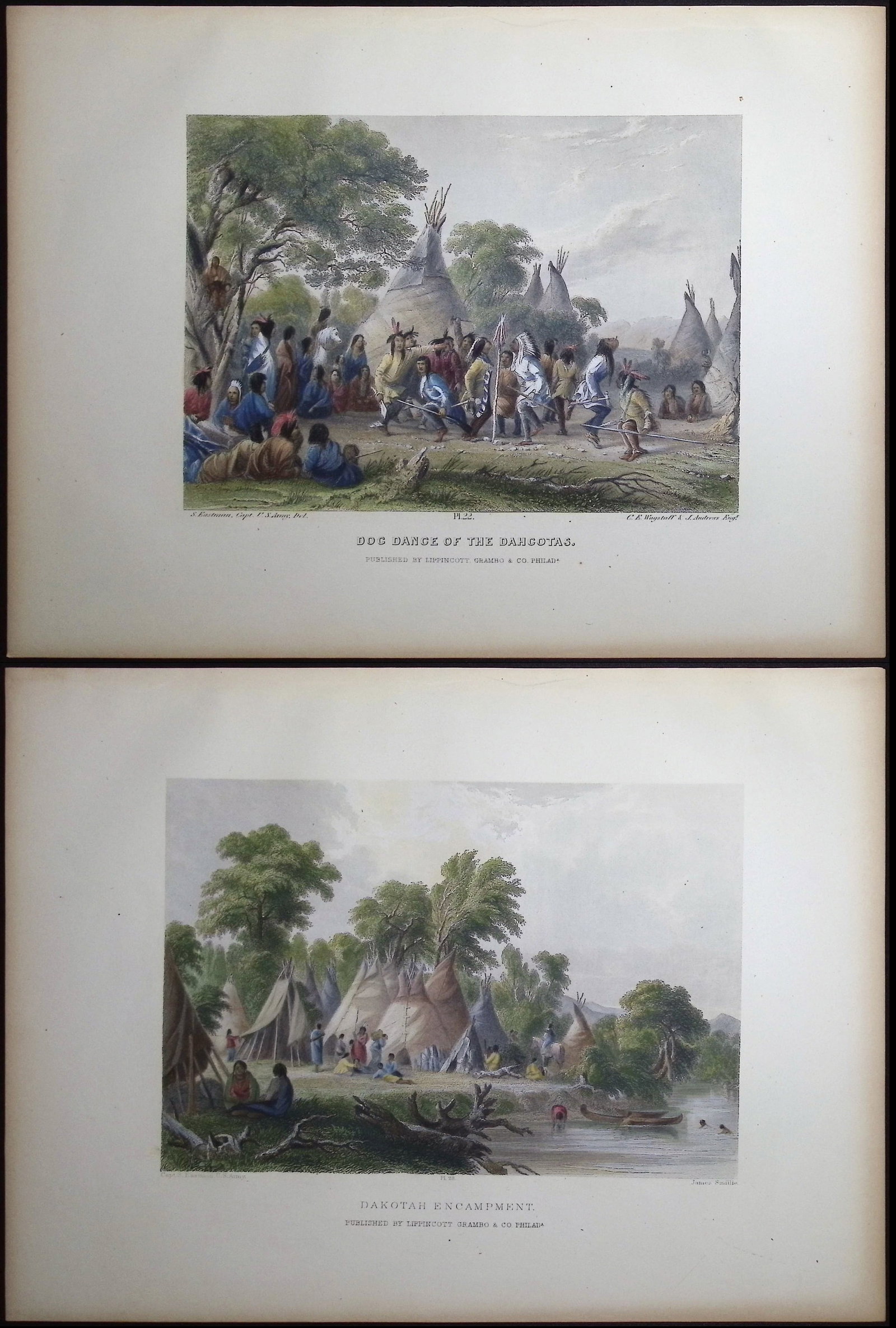 Eastman - Pair of Engavings of the Dahcotas (Dakotah): Included in this lot: Dog Dance of the Dahcotas Dakotah Encampment Description of the work: This historic engraving is from Mary Henderson Eastman's The American Indian Portfolio or The American Abori
