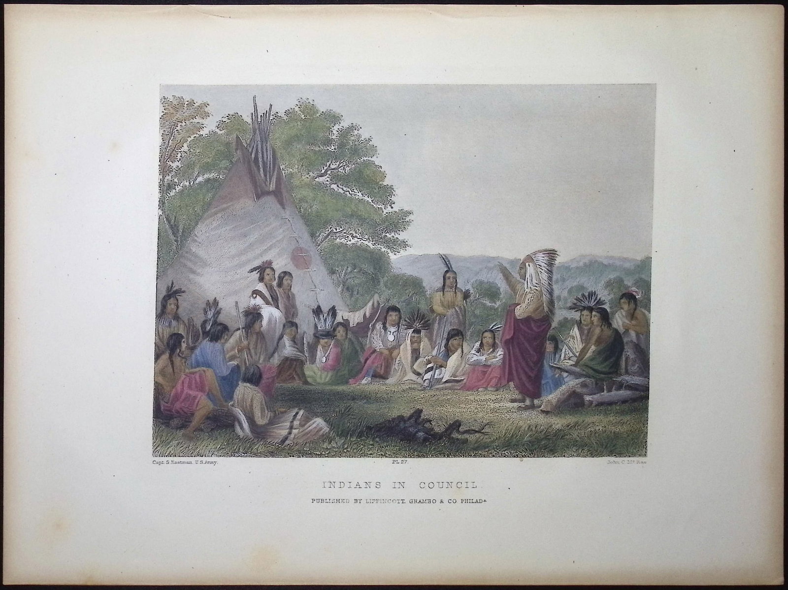 Eastman - Indians in Council: This historic engraving is from Mary Henderson Eastman's The American Indian Portfolio or The American Aboriginal Portfolio. The work was published in Philadelphia in 1853 by Lippincott, Grambo. The i