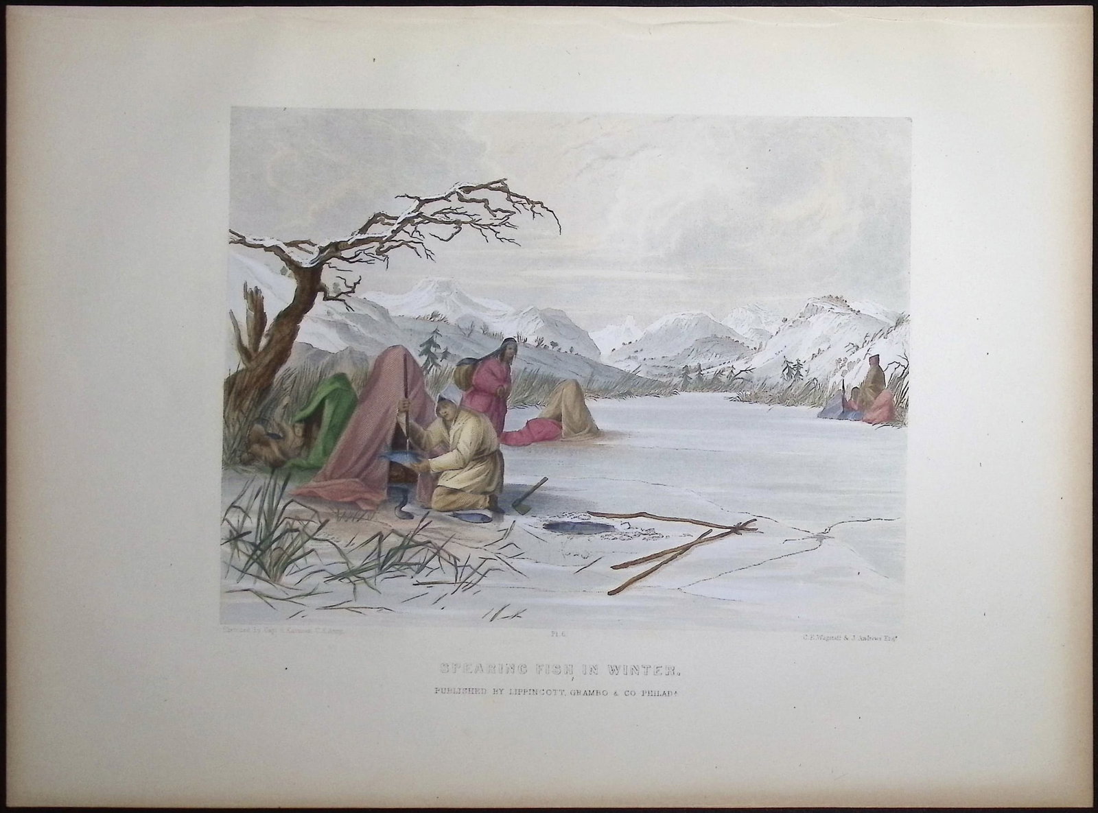 Eastman - Spearing Fish in Winter: This historic engraving is from Mary Henderson Eastman's The American Indian Portfolio or The American Aboriginal Portfolio. The work was published in Philadelphia in 1853 by Lippincott, Grambo. The i