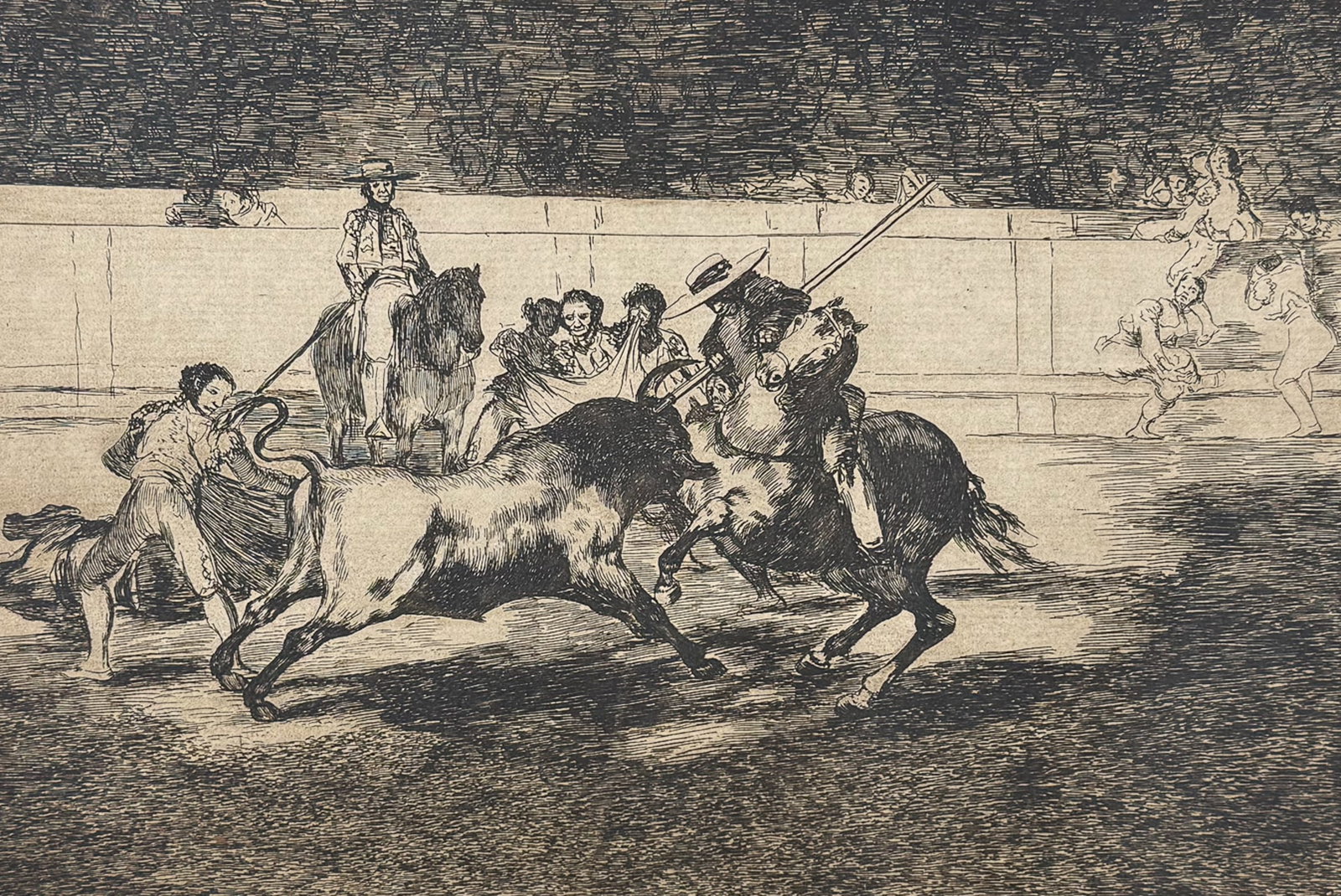 Goya - El Esforzado Rendon Picando un Toro, de Cuya Suerte Murio en la Plaza de Madrid: This remarkable folio bull-fighting engraving is from Francisco Goya's La Tauromaquia. The work was published in 1921 by Circulo de Bellas Artes and limited to 200 copies. This is the fifth edition of