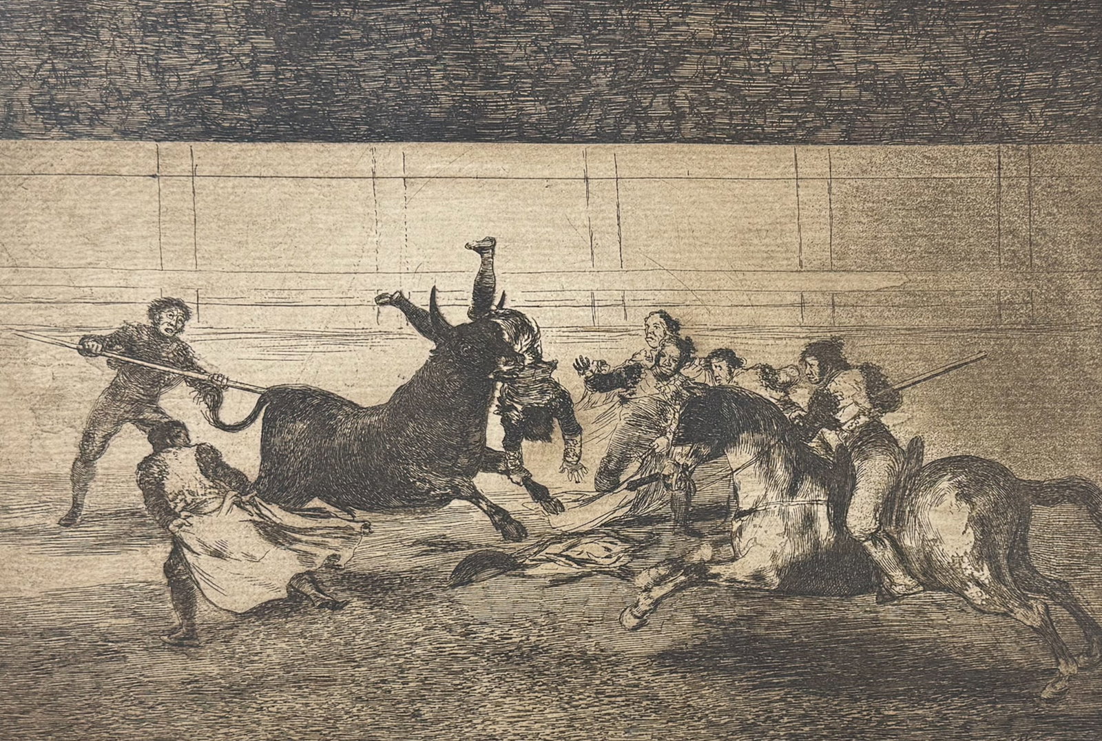 Goya - Espanto y Confusion en la Defensa de un Chulu Cogido: This remarkable folio bull-fighting engraving is from Francisco Goya's La Tauromaquia. The work was published in 1921 by Circulo de Bellas Artes and limited to 200 copies. This is the fifth edition of