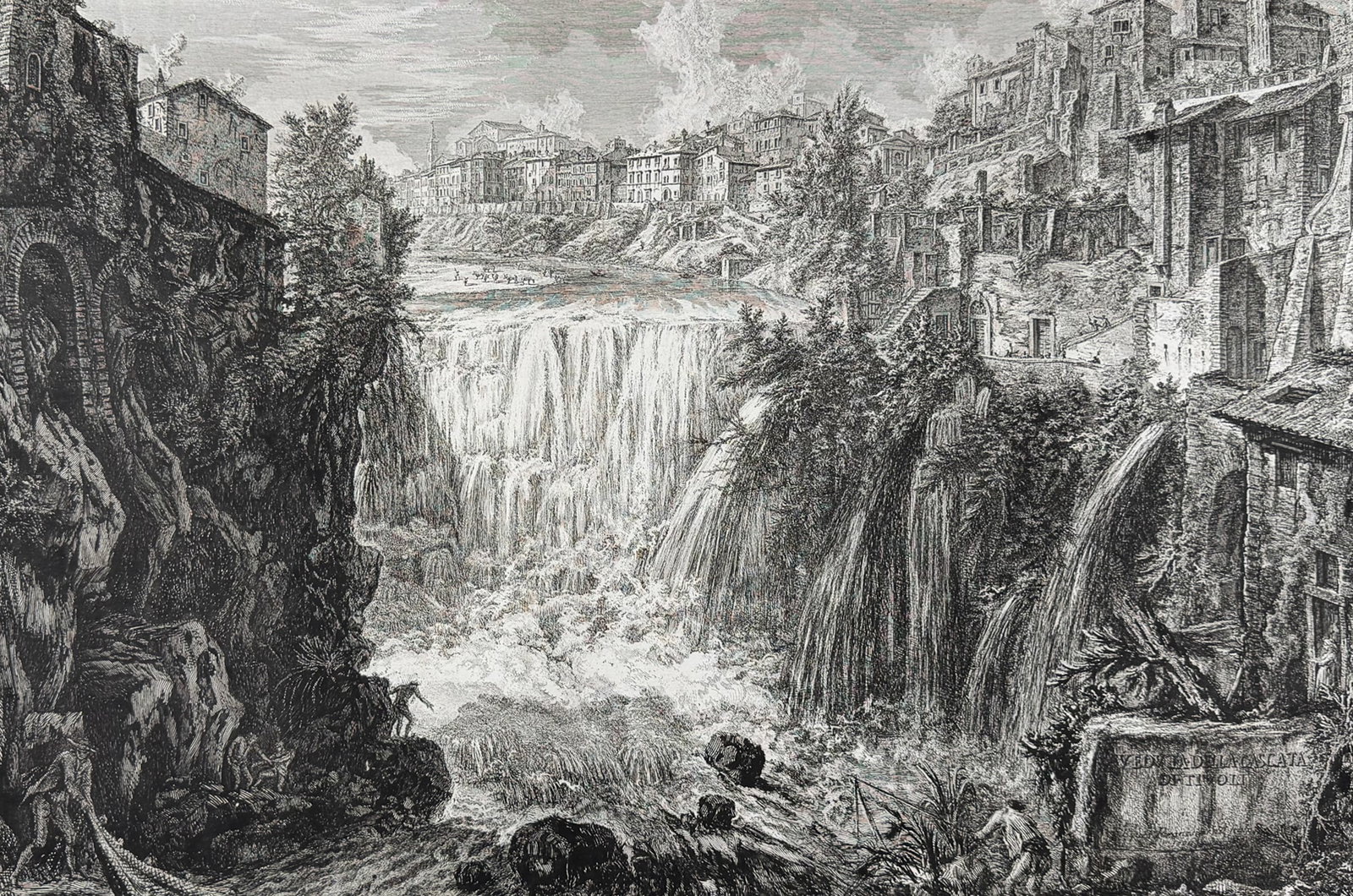 Piranesi, Folio - View of the Tivoli Waterfall [Veduta della Cascata di Tivoli]: This extraordinary large folio etching is from Giovanni Battista Piranesi's Vedute di Roma. This from a mixed edition of the work published in Rome & Paris likely published c1778 to early 1800s. The e
