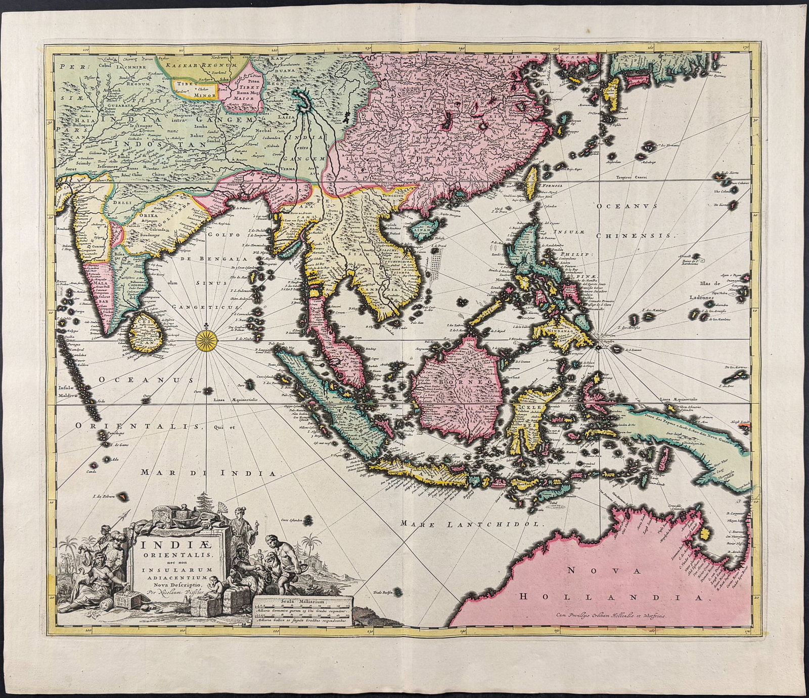 Visscher - Map of India with East Indies Islands, part of New Holland (Australia) & Japan: This exceptional map with beautiful original hand-coloring is from the Visscher family's Atlas minor sive totius orbis terrarum contracta delineat ex conatibus. The map available is from a composite a