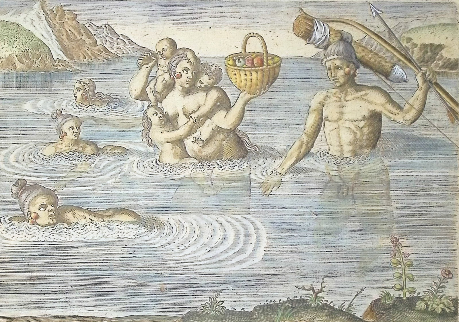 De Bry - Florida - Floridians crossing over to an island to take their pleasure: This significant, historic engraving is from Theodor de Bry & Jacques Le Moyne's Brevis Narratio eorum quae in florida Americae provi[n]cia Gallis acciderunt ... quae est seconda pars Americae. It