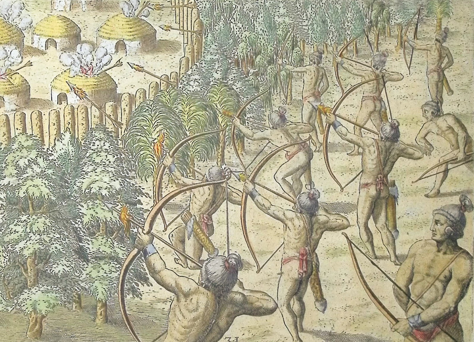 De Bry - Florida - How they set fire to an enemy town: This significant, historic engraving is from Theodor de Bry & Jacques Le Moyne's Brevis Narratio eorum quae in florida Americae provi[n]cia Gallis acciderunt ... quae est seconda pars Americae. It