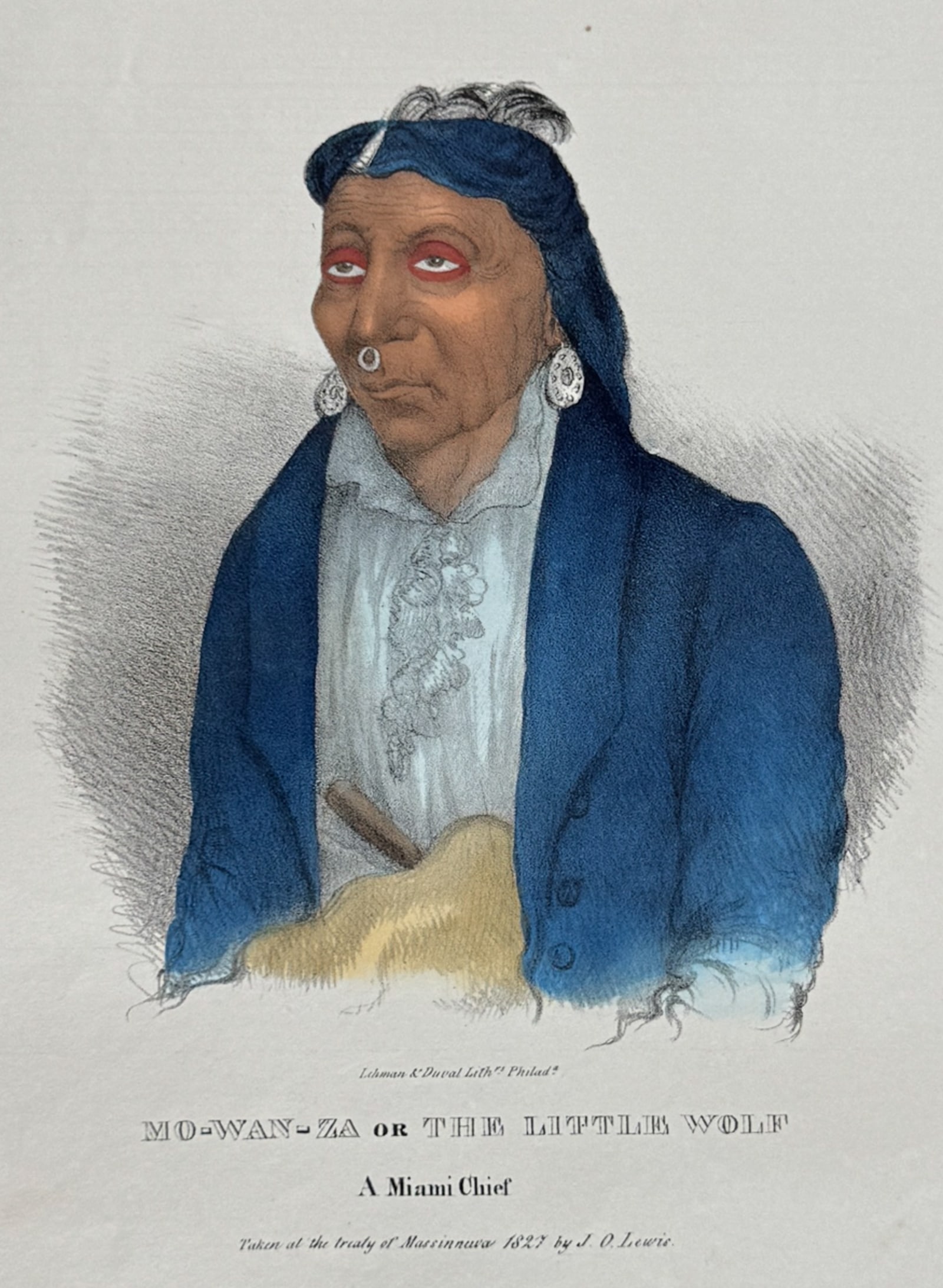 Lewis - Mo-Wan-Za or The Little Wolf, A Miami Chief: This originally hand-colored lithograph is from one of the rarest Indian works, James Otto Lewis?s The Aboriginal Portfolio. It was the first collection of portraits of North American Indians