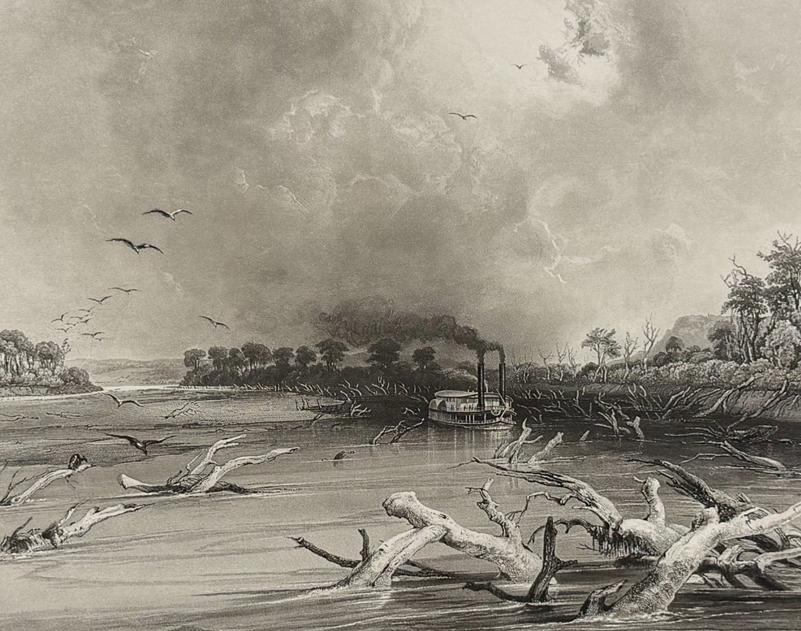 Karl Bodmer - Snags (Sunken Trees) on the Missouri. 6: This rare aquatint engraving is from Karl Bodmer's Travels in the Interior of North America or Voyage Dans l?Int?rieur De l?Am?rique Du Nord Execut? Pendant les Ann?es 1832, 1833 et 1834. The work