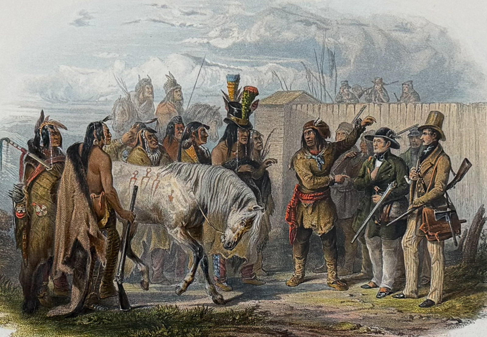 Karl Bodmer - The Travellers Meeting with Minatarre Indians near Fort Clark (Bodmer in the Image).: This rare aquatint engraving is from Karl Bodmer's Travels in the Interior of North America or Voyage Dans l?Int?rieur De l?Am?rique Du Nord Execut? Pendant les Ann?es 1832, 1833 et 1834. The work