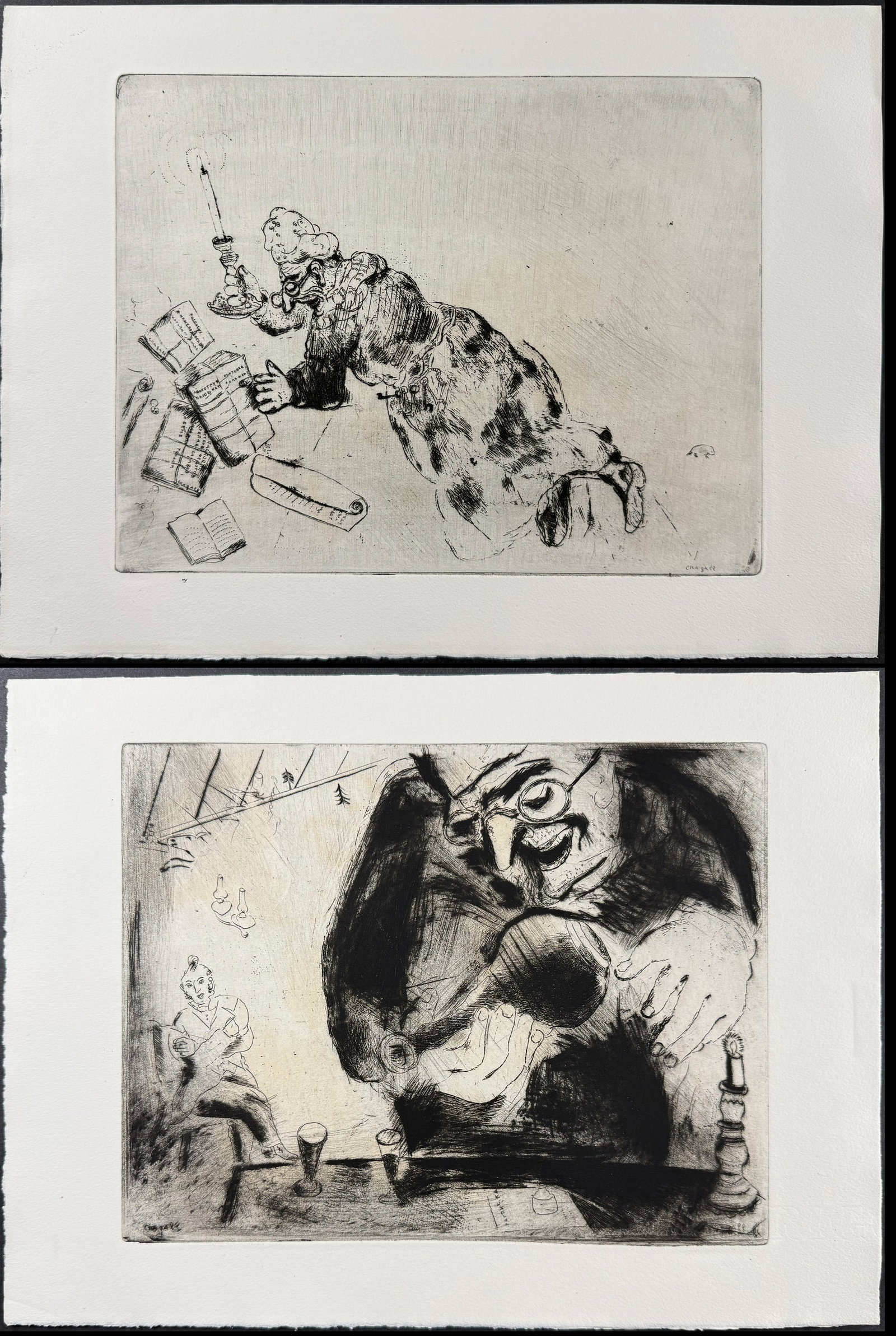 Chagall - Pair of Original Etchings: Included in this lot: Plyushkin Offers a Drink - Pliouchkine Offre a Boire Plyushkin Looking for His Papers - Pliouchkine a la Recherche de ses Papiers Description of the work: This beautifully