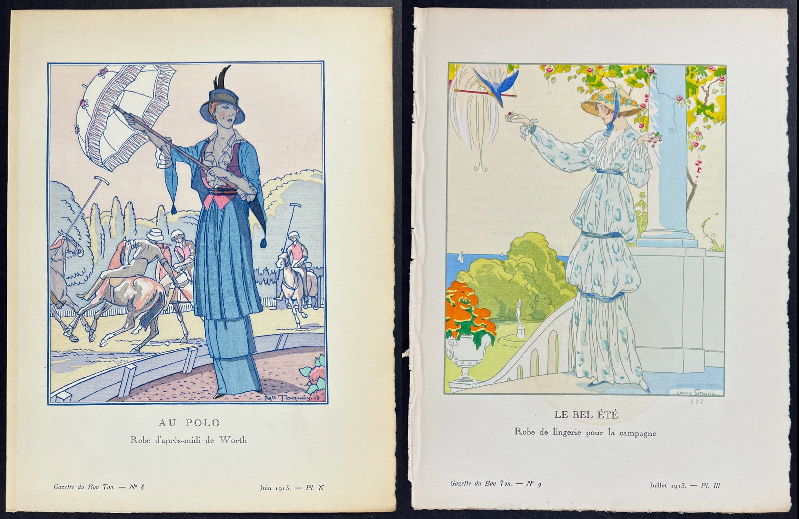 Bon Ton - 4 Fashion Pochoirs: The Gazette du Bon Ton featured some of the most desirable pochoir, fashion lithographs. The fashion periodical ran from 1912 to 1925, and greatly influenced the style of the time. Great artists from