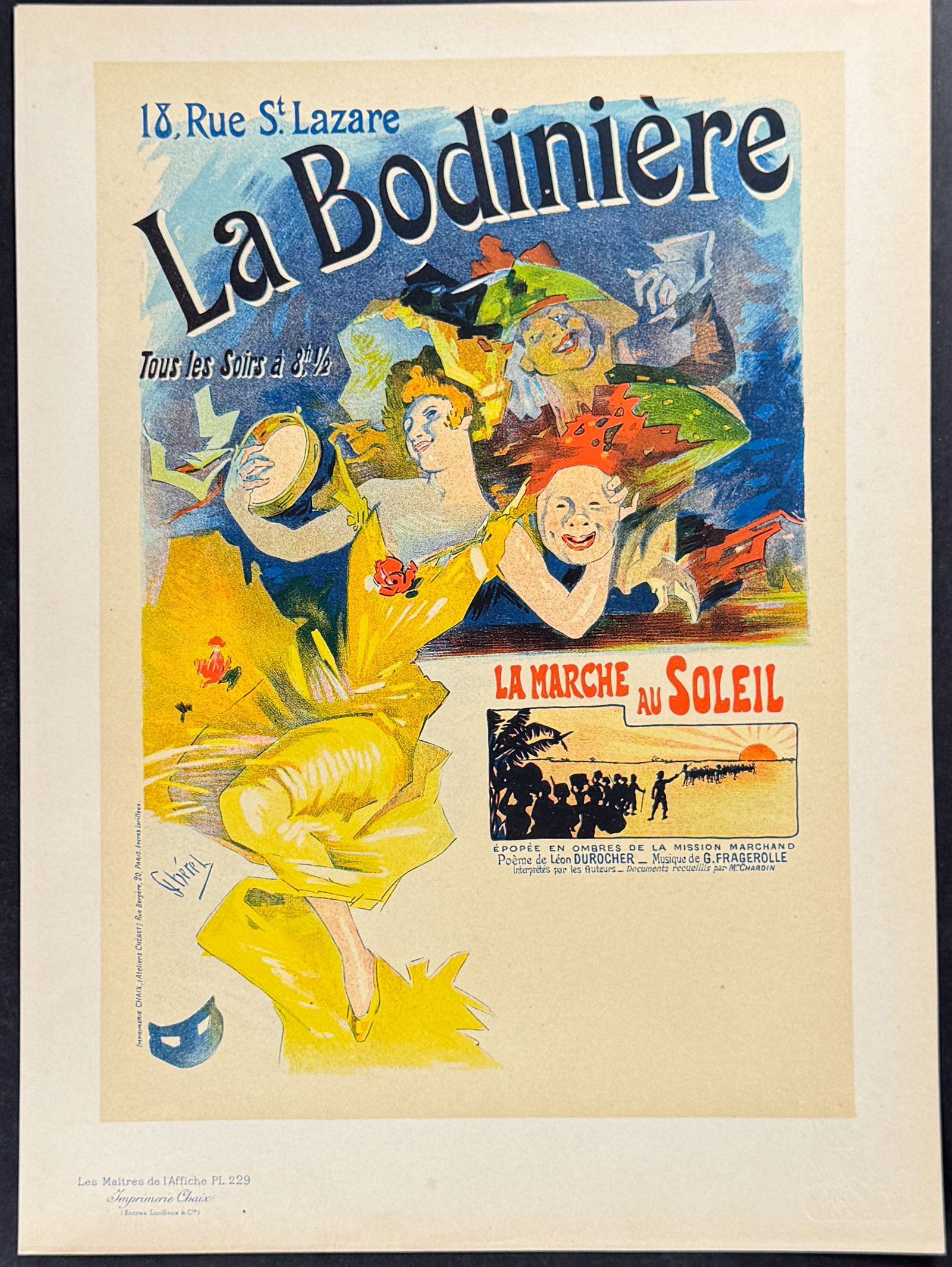 Maitres Affiches by Cheret - La Bodiniere: This first edition, folio lithograph after a poster is from Les Maitres de l'Affiche. The work was published by Imprimerie Chaix under the direction of Jules Cheret in Paris between 1896 and 1900.