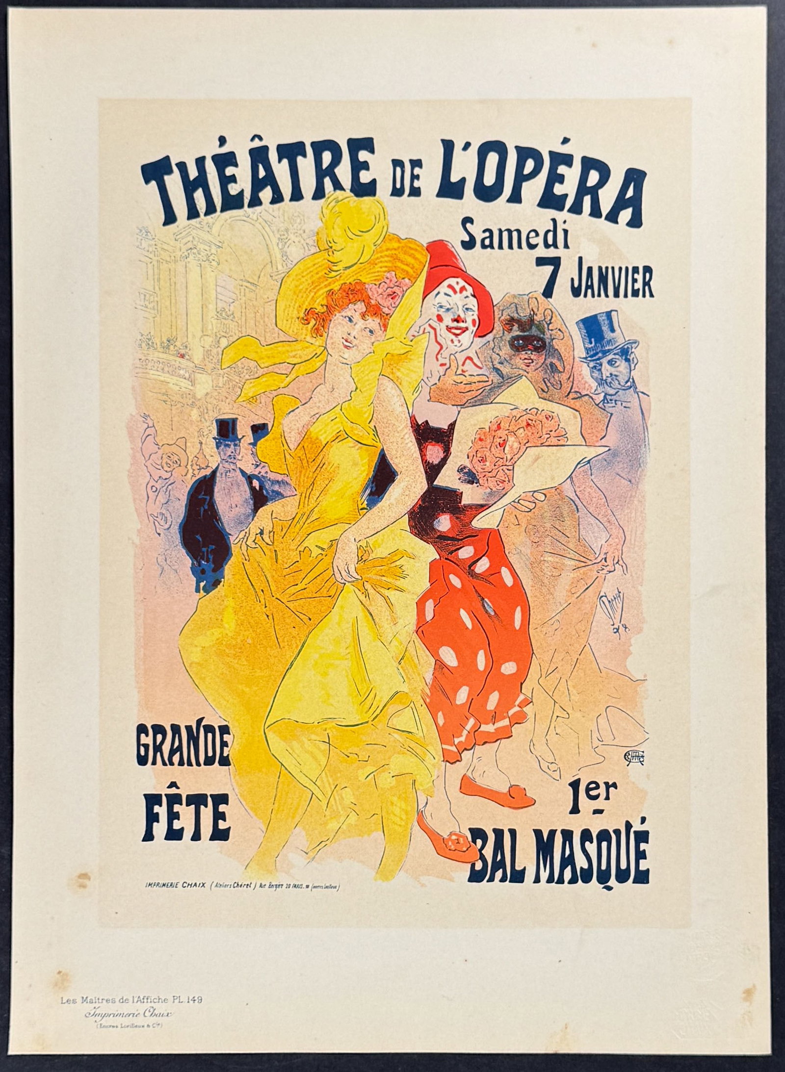 Maitres Affiches by Cheret - Bals de l'Opera en 1899: This first edition, folio lithograph after a poster is from Les Maitres de l'Affiche. The work was published by Imprimerie Chaix under the direction of Jules Cheret in Paris between 1896 and 1900.