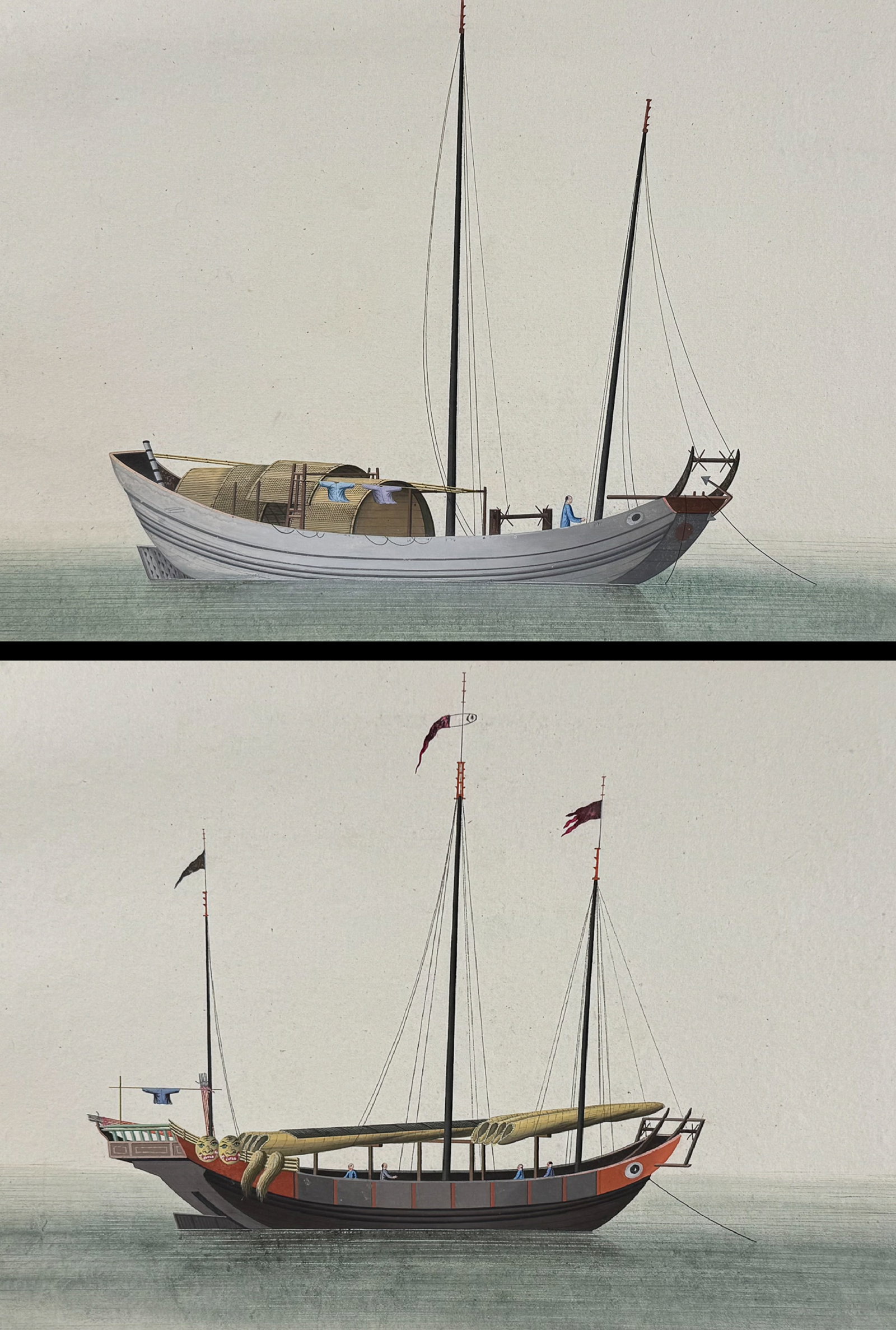 Pair of Original Watercolors of Chinese Boat or Junk: This remarkable, one-of-a-kind watercolor is from a collection entitled Dessins Originaux Chinois.. The watercolor was done in the 1800s in Canton and is mounted to a larger sheet. The watercolors wer
