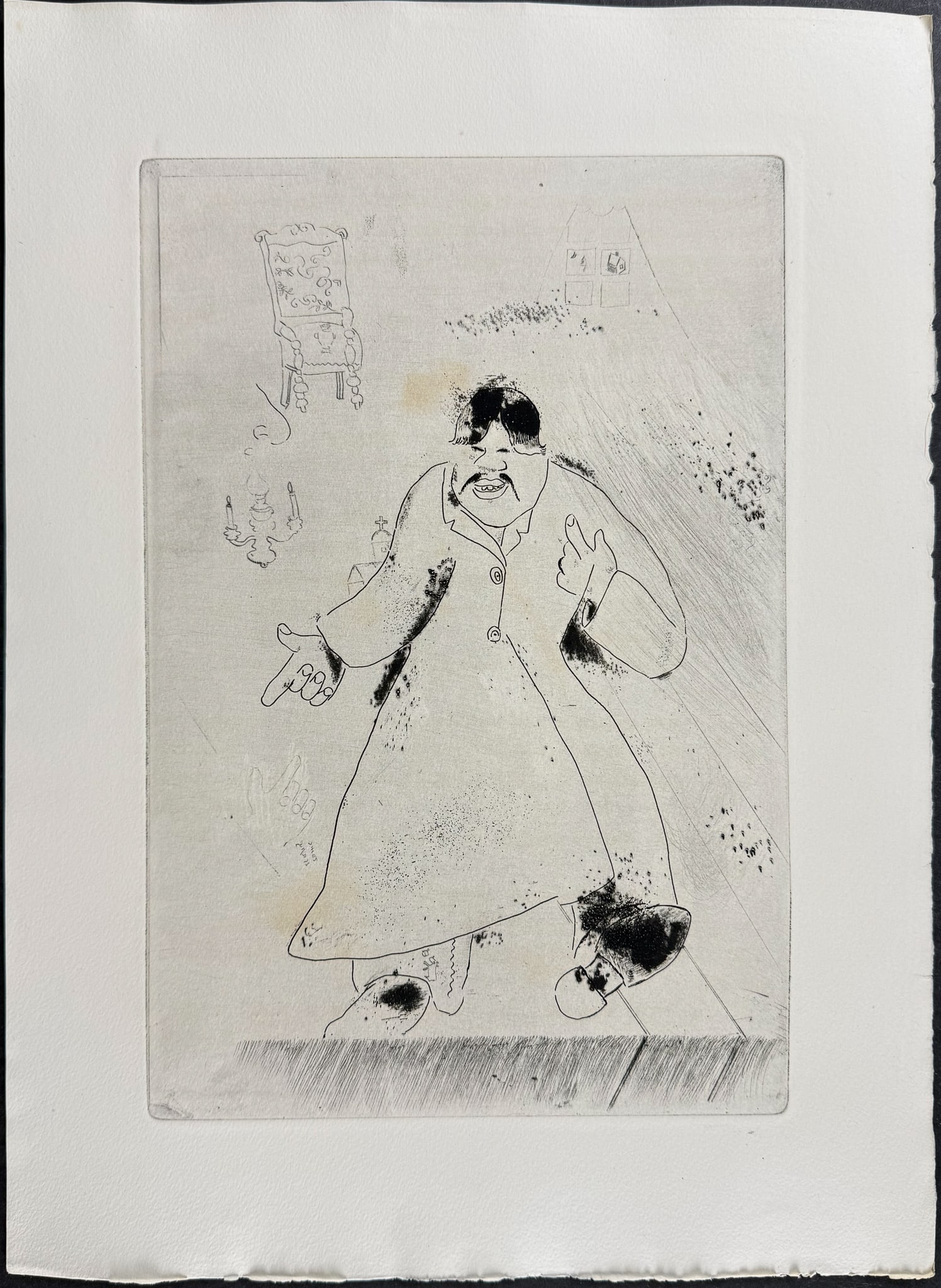 Chagall - The Steward - L'Intendant: This beautifully illustrated, original etching by Marc Chagall was part of Nikolai Gogol's Les Ames Mortes. The work was published in Paris by Teriade in 1948. This was a limited edition of 368 copies
