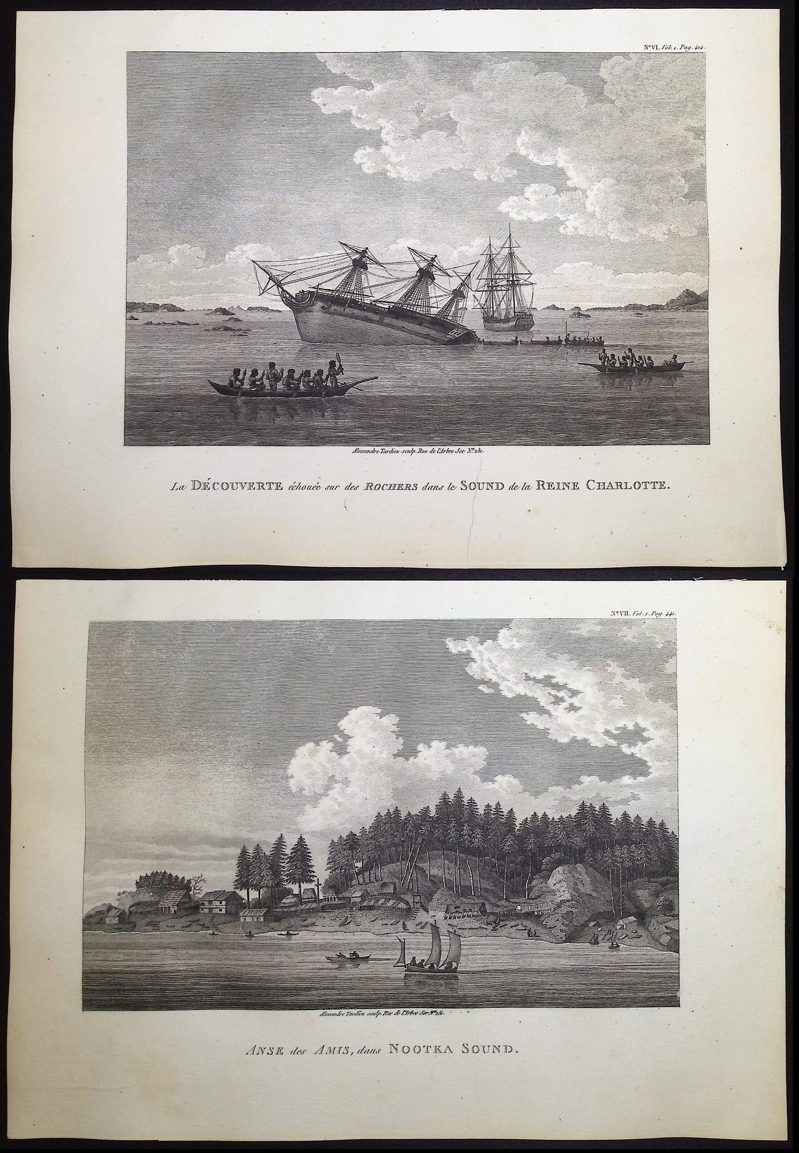 Vancouver - 3 Views of Canada: Included in this lot: Anse des Amis, dans Nootka Sound [Vancouver Island, British Columbia, Canada] La D?couverte Wrecked on Rocks in Queen Charlotte Sound (Canada) [La Decouverte echouee sur des Roch
