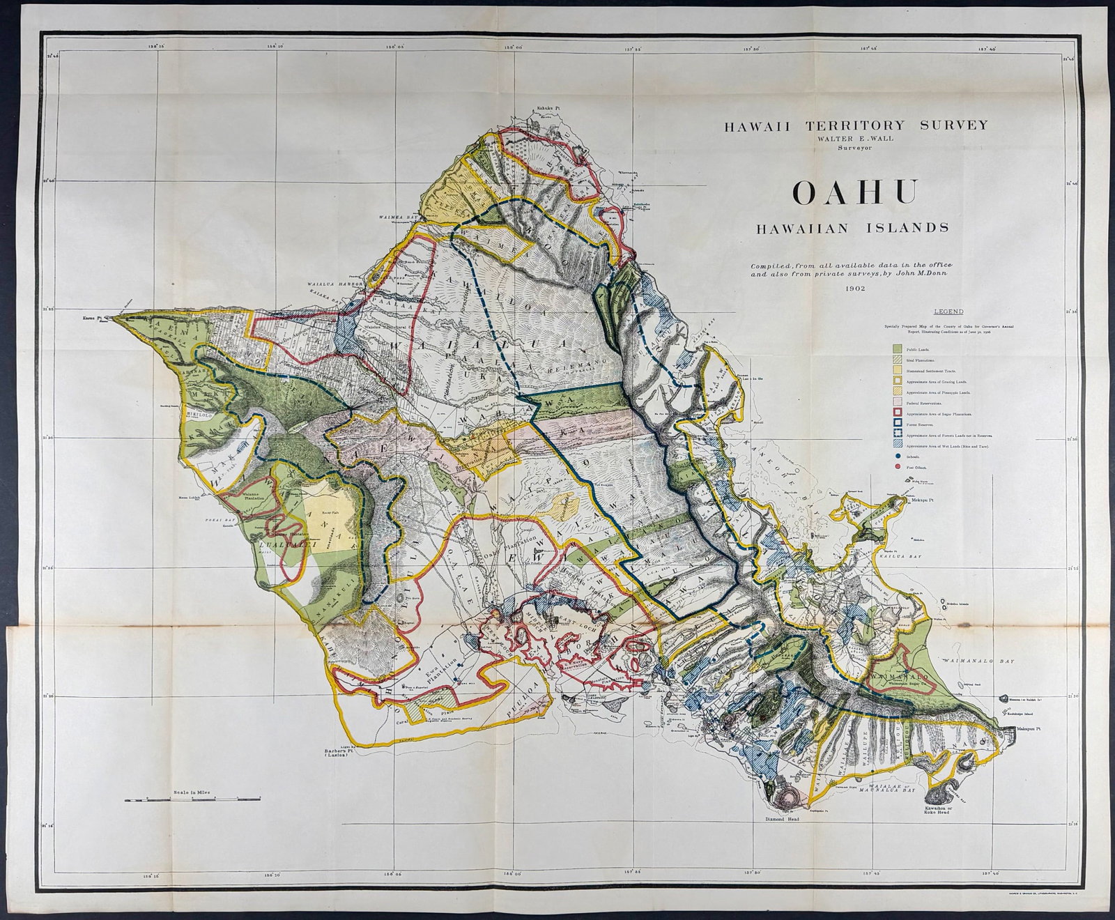 Wall & Donn - Map of Oahu, Hawaii (Hawaii Territory Survey 1902) [Sandwich Islands]: This is the first modern scientific map of the island of Oahu and was completed by Walter E. Wall and John M. Donn. It was a territory survey conducted in 1902 of the Hawaiian Islands with this focuse