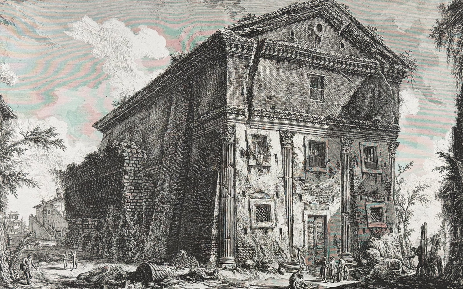 Piranesi, Folio - View of the Temple of Bacchus [Veduta del Tempio di Bacco]: This extraordinary large folio etching is from Giovanni Battista Piranesi's Vedute di Roma. This from a mixed edition of the work published in Rome & Paris likely published c1778 to early 1800s. The e