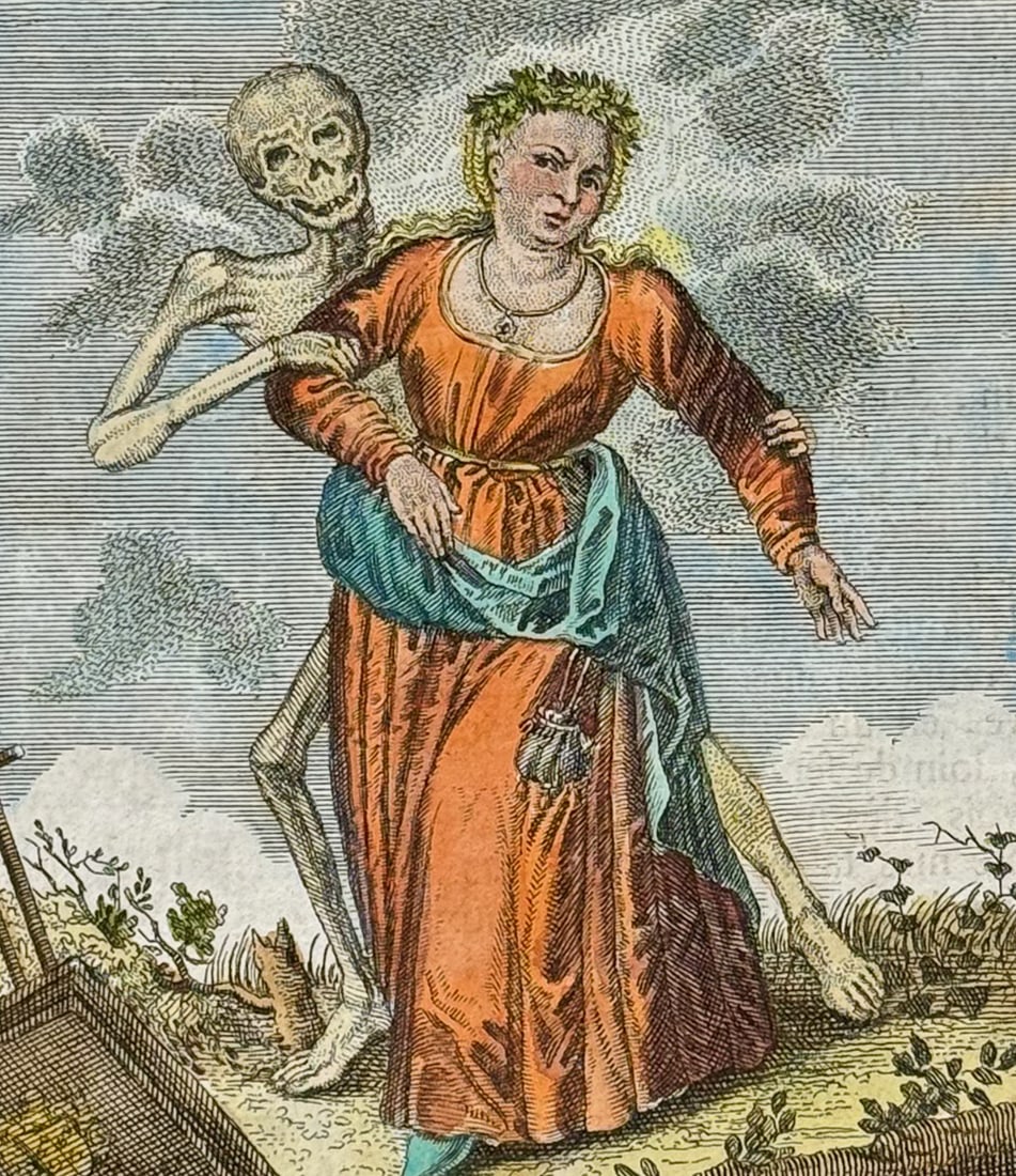 Merian - Dance of Death. 53: This rare and early engraving is from Matthaus Merian's La danse des morts .. Todten-Tanz, wie derselbe in der l?bl. u. Welt-ber?hmten Stadt Basel .. zu sehen ist or The Dance of the Dead... The Dance
