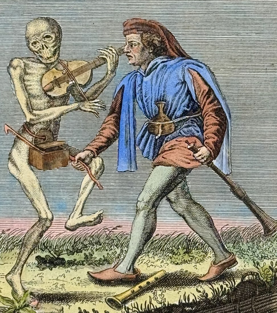 Merian - Dance of Death. 55: This rare and early engraving is from Matthaus Merian's La danse des morts .. Todten-Tanz, wie derselbe in der l?bl. u. Welt-ber?hmten Stadt Basel .. zu sehen ist or The Dance of the Dead... The Dance