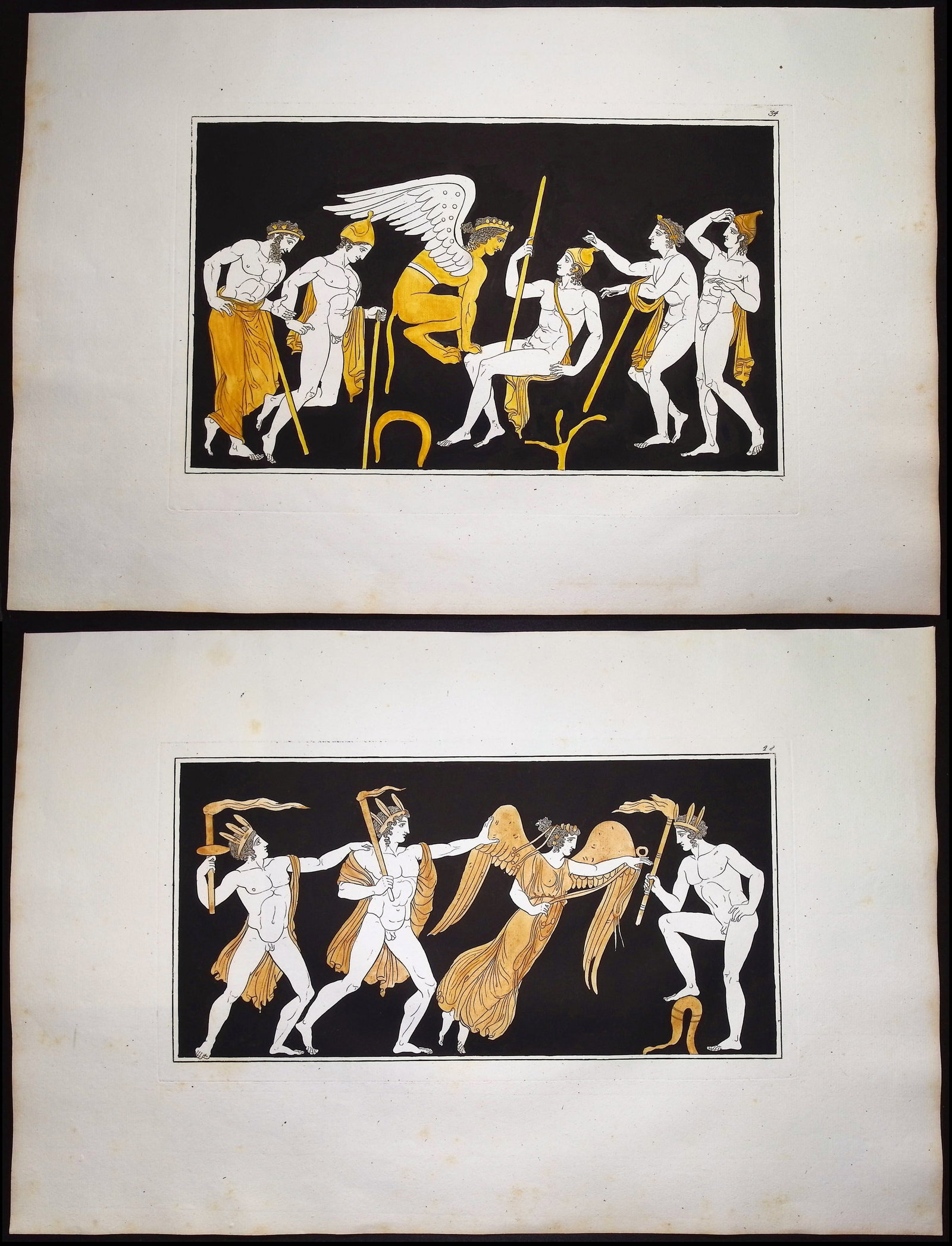 Hamilton, Folio - 4 Engravings of a Painting from a Grecian Vase: This hand-colored engraving is from Johann Heinrich Wilhelm Tischbein after Sir William Hamilton's collection of vases. The full title reads Recueil de Gravures d'apr?s les Vases Antiques or Collectio