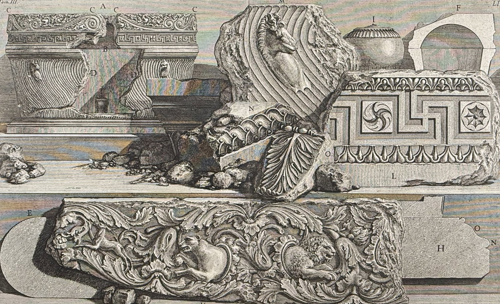 Piranesi - Roman Architecture & Antquities. 52: This outstanding folio etching is from Giovanni Battista Piranesi's Le Antichita Romane. The work was published in Rome by Stamperia Salomoni circa 1780. The work depicted archaeological sites, sepulc