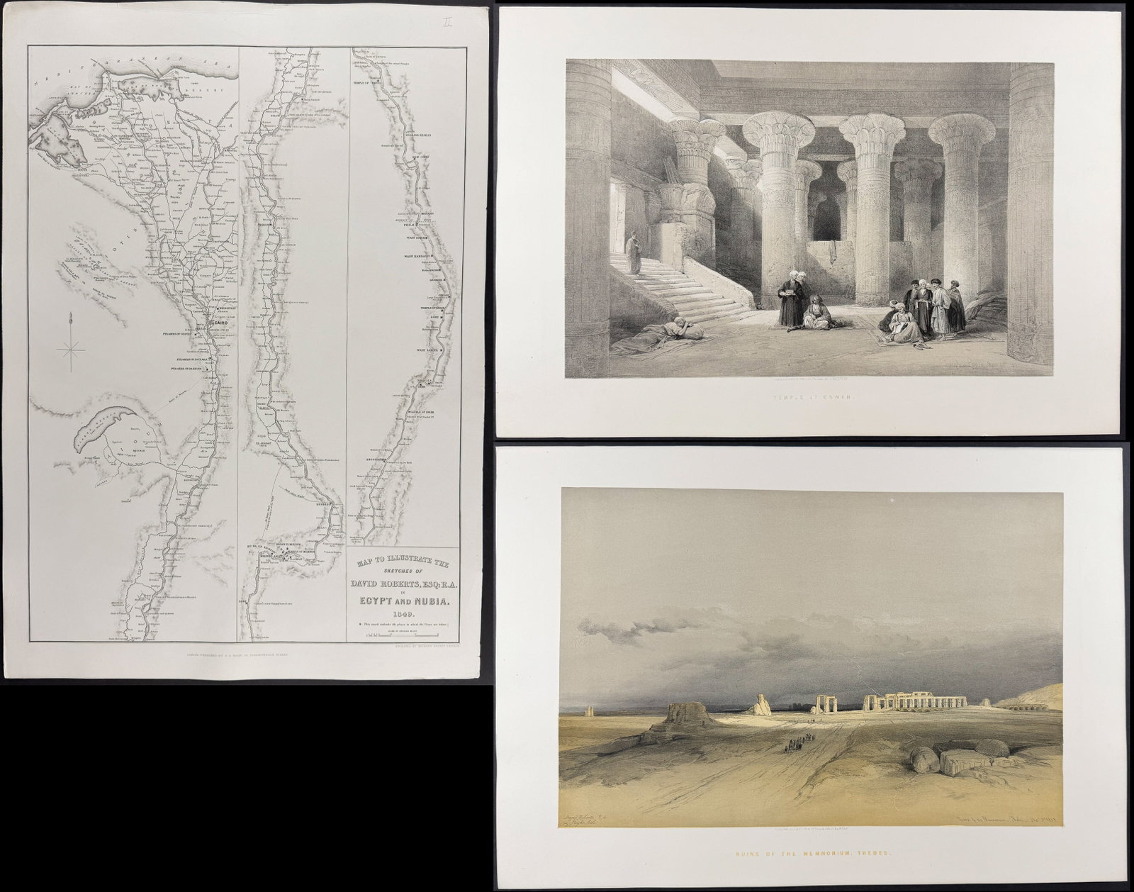 David Roberts - 5 Lithographs from Holy Land, Syria, Idumea, Arabia, Egypt, & Nubia: Included in this lot: Obelisk of On View from under the Portico of Dayr-El-Medeeneh, Thebes Map to Illustrate the Sketches of David Roberts, Esq: R.A. in Egypt & Nubia in 1849 Temple at Esneh Ruins of