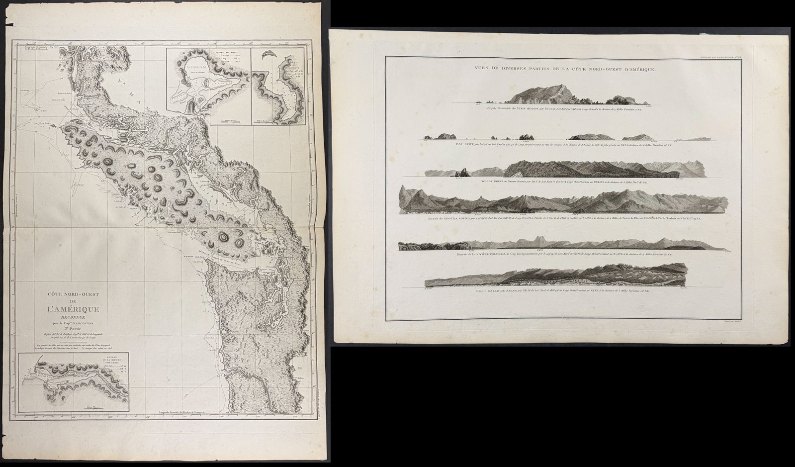 Vancouver - 12 Engravings of Coastlines of North America: This historic engraving is from George Vancouver's Voyage de d?couvertes ? l'Oc?an Pacifique du Nord, et autor du monde or A Voyage of Discovery to the North Pacific Ocean, and Round the World. This i
