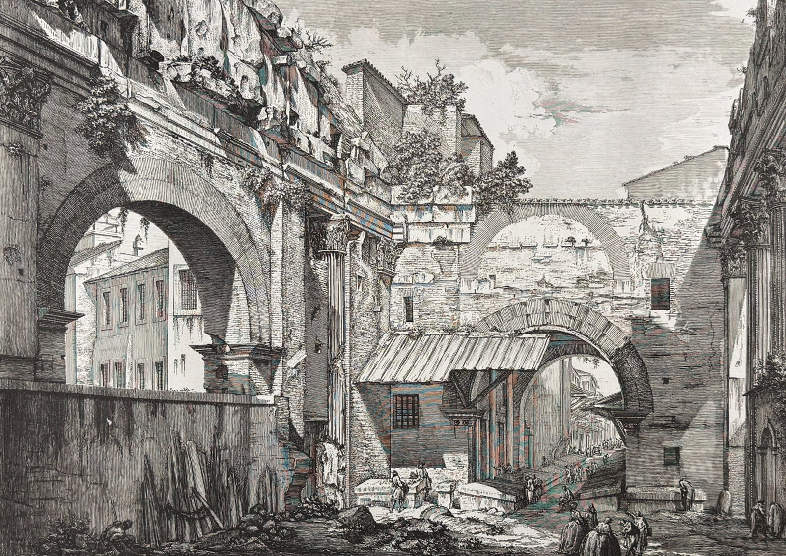 Piranesi, Folio - Interior View of the Atrium of the Portico of Octavia [Veduta interna dell'Atrio: This extraordinary large folio etching is from Giovanni Battista Piranesi's Vedute di Roma. This from a mixed edition of the work published in Rome & Paris likely published c1778 to early 1800s. The e